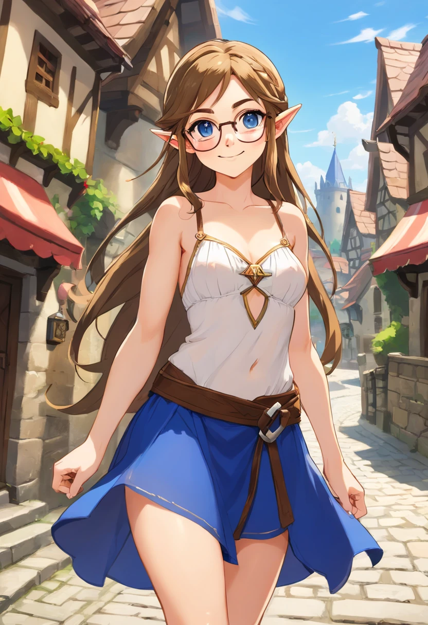 1girl, solo, sexy, small rim glasses, light freckles, blue eyes, long brown hair, (naked:1.2), thong, sexy dress, pleated skirt, tiny breasts, thin, big ass, cleavage, thighs, medieval town, (blushing:1.2), smiling