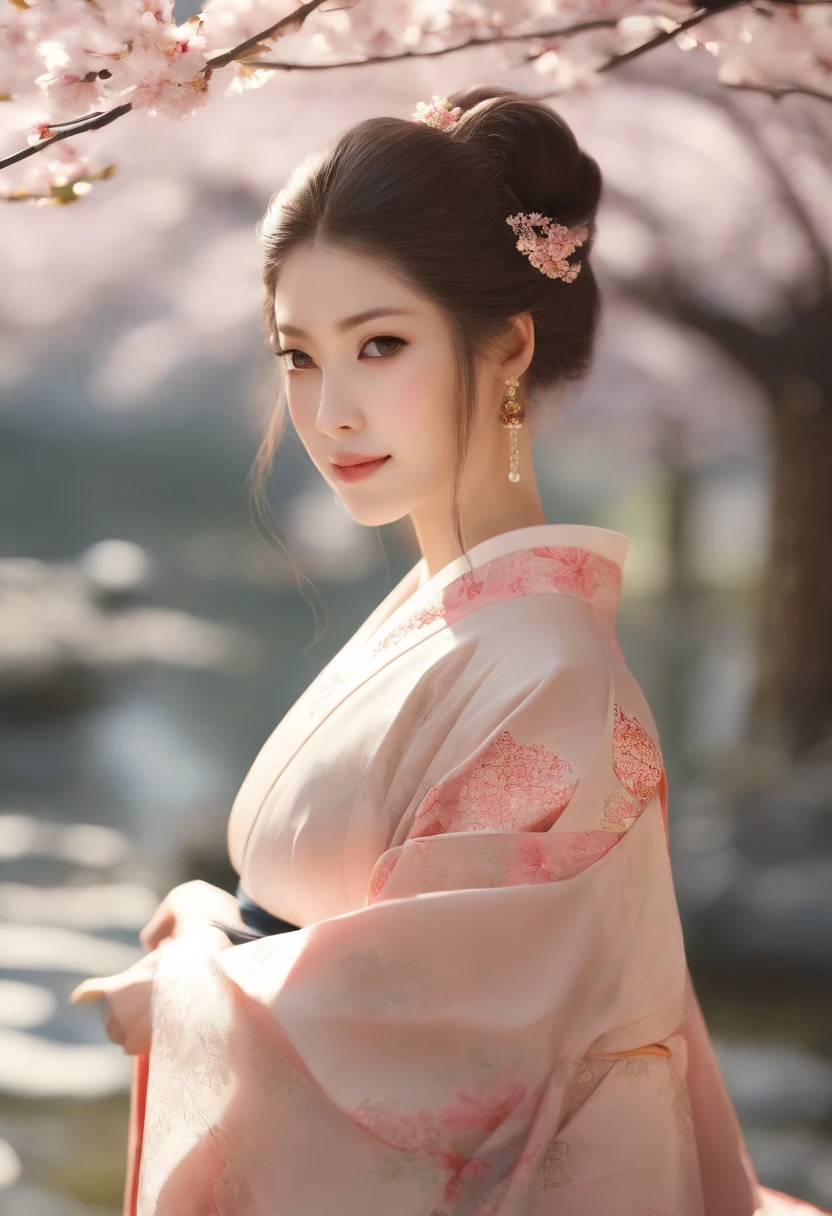 beautiful detailed eyes, cute and innocent face, long eyelashes, flowing hair, wearing a traditional kimono, standing in a peaceful Japanese garden, surrounded by blooming cherry blossoms, soft sunlight casting gentle shadows on the ground, vibrant colors and delicate brush strokes reminiscent of traditional Japanese paintings, with a touch of anime-style charm, creating a serene and magical atmosphere. (best quality, highres:1.2), ultra-detailed, traditional Japanese art,soft lighting.