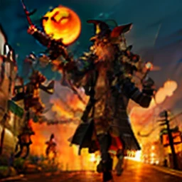 A strong very short gnome in dirty handmade sleeveless trenchcoat and a scarecrows hat, no shirt bandages around his abdomin, ripped clothes, walking on the streets ancient kingdom at night looking for a fight with a agressive look on his face, he is a muscled street fighter who brandishes a long bo staff as a weapon, rich background, movement action scene,