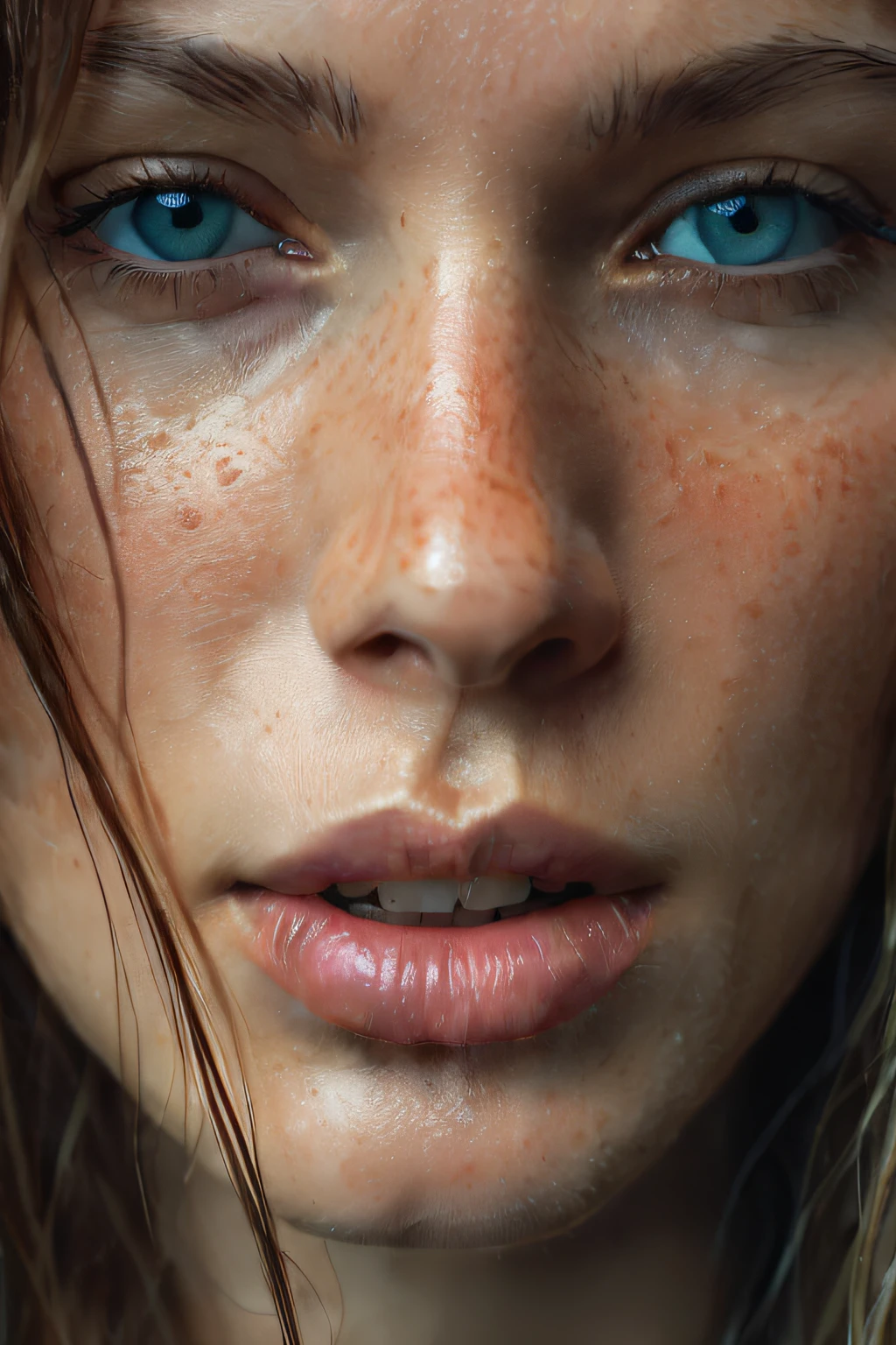 ultra detailed lomography portrait shot of a woman with ((wet hair:1.9)) (( Long hair)), wet skin, very bold 80's fashion makeup, extremely detailed skin texture, (vignette:1.5), grainy texture,  photo), (80's makeup:2) (pop colors:1.9), shot by Mschiffer
