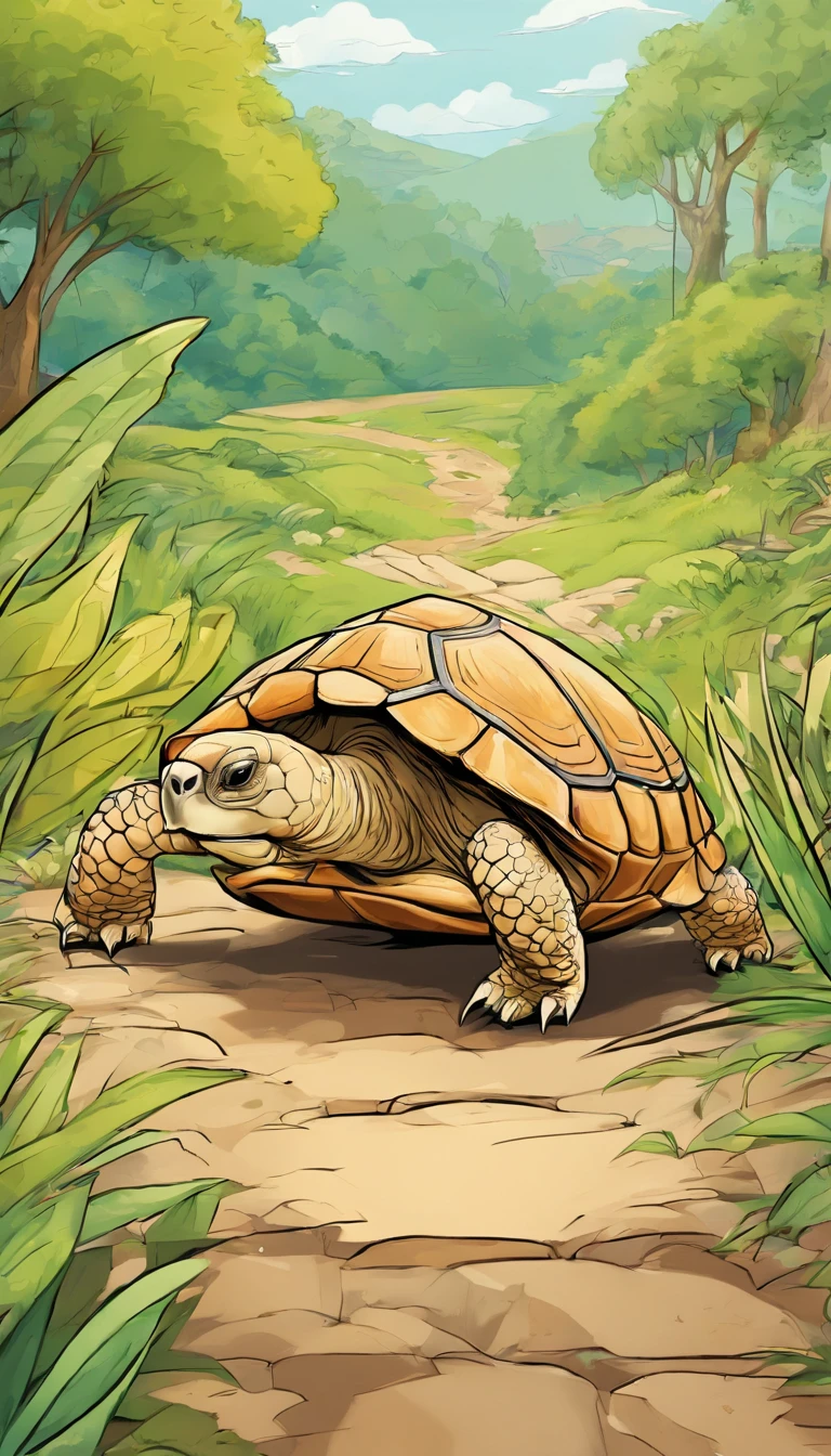 A commercial illustration with a good part in black, branco, There's a tortoise and a light-brown hare standing out on an athletics track, e muito peludo, excelling in the race due to the tortoise being in front of the hare. The turtle finds itself getting closer and closer to the finish line. The turtle has a focused gaze and the hare is distracted by the scenery. The athletics track is located near the forest, The whole scenario has light colors without much prominence, estilo bem rustico. The athletics track is portrayed in a natural way with few colors in all scenarios, com uma pista de atletismo em destaque. The image should have a natural style with fine strokes and neutral colors, A touch of manga. A tartaruga e o lebre devem ser retratados em detalhes, with their expressions demonstrating the willpower of the tortoise and the despondency of the hare. A imagem deve ser em preto e branco com alta qualidade, with a pencil and ink caricature drawing style, com cores neutras e leves. Make sure the tortoise is beating the hare in extremely realistic ways, but not artificial, symbolizing happiness and hope in the face of life's challenges.", 16k