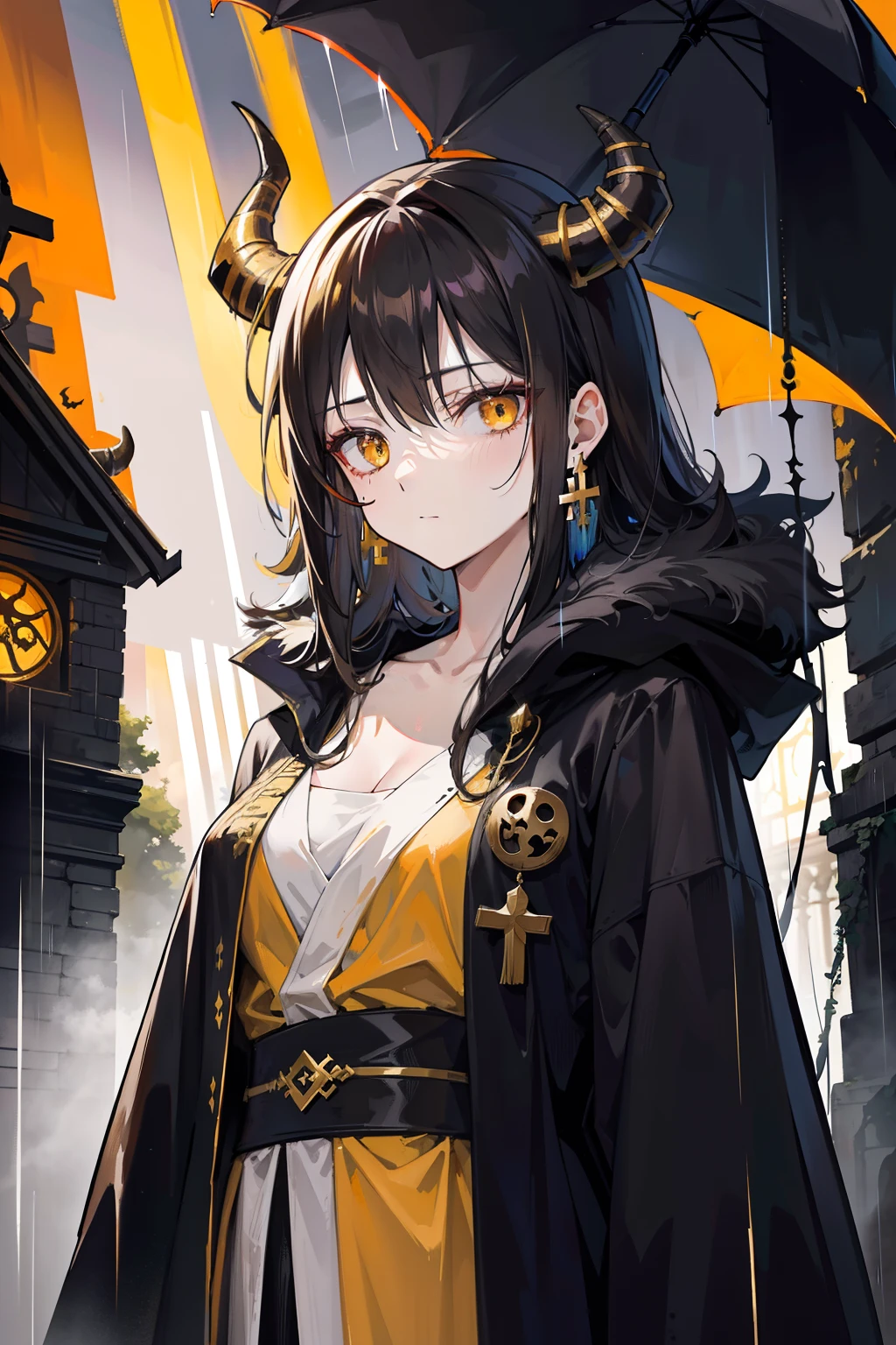 Tall and mature anime girl, messy long black-brown hair, good anatomy, horns on her head, yellow eyes, halloween themed, halloween, runic symbols on her face, wearing a dirty ancient robe with gold design , disheveled appearance, standing in the rain, holding a tome, dark environment, standing infront of a church on a dark rainy day, withered trees and plants around, solemn expression, golden cross earrings, detailed background, high resolution