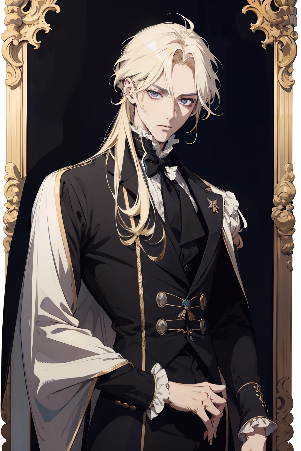 anime drawing of a man Regal Victorian era style clothing long blonde hair anime guy black cape purple eyes, 2 d anime style, male anime style, male anime character, anime style character, delicate androgynous prince, in an anime style, he masterpiece, (absurdres:1.1), best quality, extremely delicate, (beautiful face:1.1), elegant, (great composition), bags under eyes, masterpiece, (absurdres:1.1), best quality, extremely delicate, Victorian era badass anime drawing of a man Regal Victorian era character masterpiece, (absurdres:1.1), best quality, extremely delicate, Victorian era badass anime drawing of a man Regal Victorian era inspired a close up character portrait, [ character design ], demon slayer rui fanart, [[[[grinning evily]]]] natural messy blonde hair Victorian era inspiration Victorian era badass anime drawing of (absurdres, highres, ultra detailed), 1 male, adult, (absurdres, highres, ultra detailed), I’m picturing him with jet black hair, with white streaks and also two different coloured eyes, one looks more normal, one has like a unique colour and pattern, like a diamond pupoil