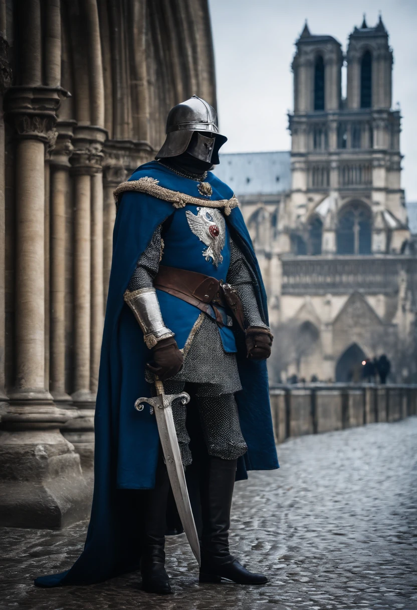 cavaleiro, homem, armadura negra, capacete de caveira, capa azul, espada coberta de sangue, at the middle gates of Notre Dame snowing outside. Fifteenth century France