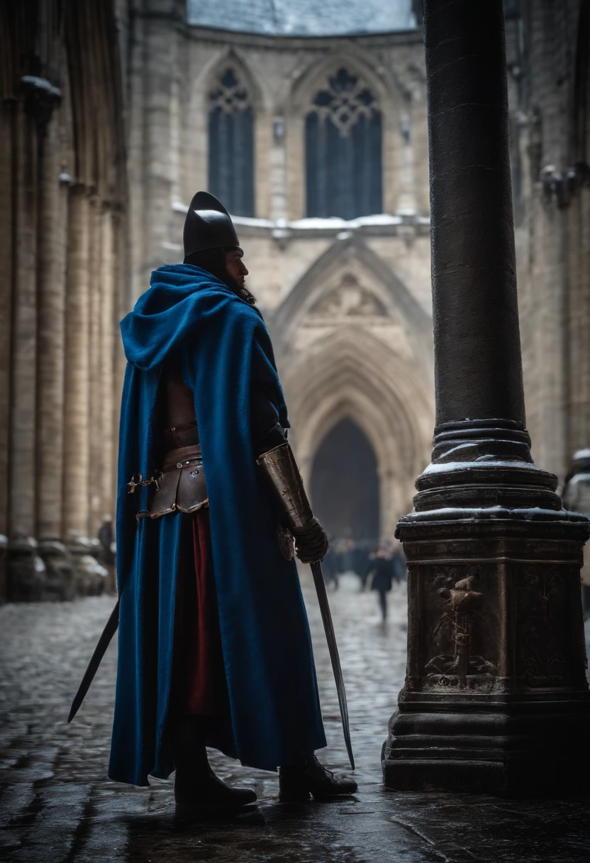 cavaleiro, homem, armadura negra, capacete de caveira, capa azul, espada coberta de sangue, at the middle gates of Notre Dame snowing outside. Fifteenth century France
