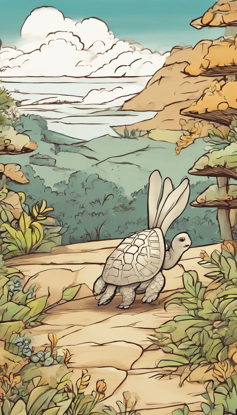 A commercial illustration with a good part in black, branco, In the middle of it is a tortoise and a light-brown hare highlighted on an athletics track, e muito peludo, excelling in the race due to the tortoise being in front of the hare. The turtle finds itself getting closer and closer to the finish line. The turtle has a focused gaze and the hare is distracted by the scenery. The athletics track is located near the forest, The whole scenario has light colors without much prominence, estilo bem rustico. The athletics track is portrayed in a natural way with few colors in all scenarios, com uma pista de atletismo em destaque. The image should have a natural style with fine strokes and neutral colors, A touch of manga. A tartaruga e o lebre devem ser retratados em detalhes, with their expressions demonstrating the willpower of the tortoise and the despondency of the hare. A imagem deve ser em preto e branco com alta qualidade, with a pencil and ink caricature drawing style, com cores neutras e leves. Make sure the tortoise is beating the hare in extremely realistic ways, but not artificial, symbolizing happiness and hope in the face of life's challenges.", 16k