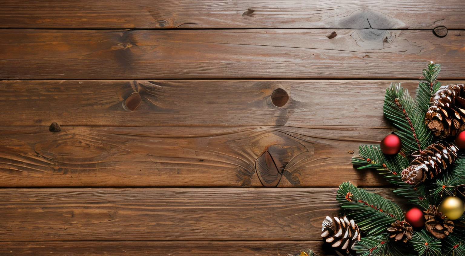 Close-up of Christmas tree with pine cones and ornaments, Wood texture on top, watermarked, watermarked:-1, Extremely high resolution, high quality product photo, still life photo of a backdrop, Wooden background, walnut wood, high quality product image”, Woods background, high resolution product photo, woody foliage, Tropical wood, Delightful, Mahogany background