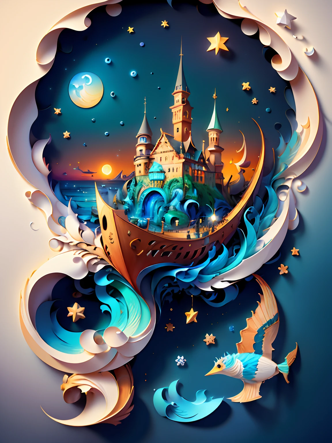 (((masterpiece))),best quality, illustration, paper-art, sky, cloud, water, star \(symbol\), tree, no humans, night, bird, moon, building, star \(sky\), night sky, scenery, starry sky, watercraft, castle, ship, waves, tower, boat. vibrant color scheme, Soft light,(warm color:1.2),Water color painting, light background, best quality exquisite details,3d rendering,Octane render, pastel, paper_cut