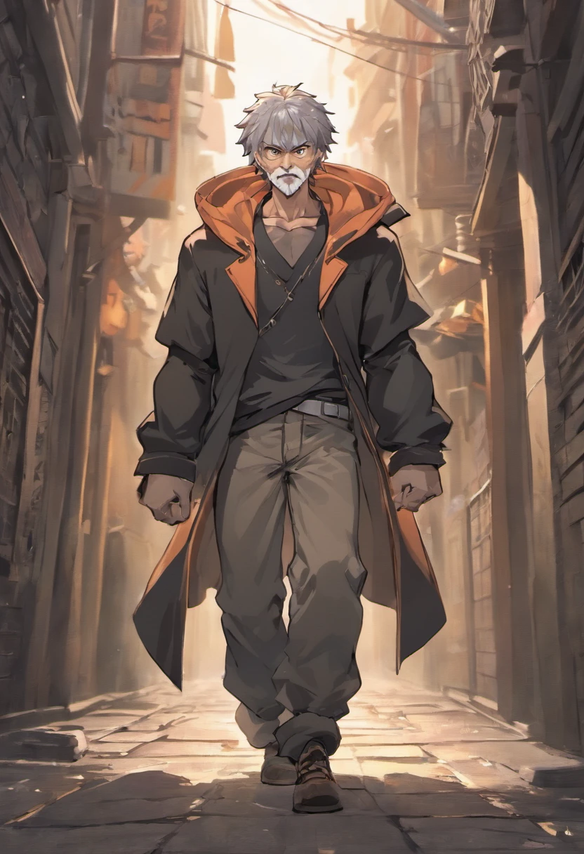 A strong very short gnome in dirty handmade sleeveless trenchcoat and a scarecrows hat, shirtless bandages around his abdomin, ripped clothes, walking on the streets ancient kingdom at night, tattered black pants, holding a bo-staff made of wood thats taller then him, he is obviously a street thug looking for a fight, his hair was gray, he had a short beard, gray hair, thick big muscles, muscles, he his bearing his teeth in a aggressive manner, Ultra high resolution, ray tracing, volumetric light and shadow, super high resolution, rich background, episodic, action scene, anime style, stereotypical high school thug look,