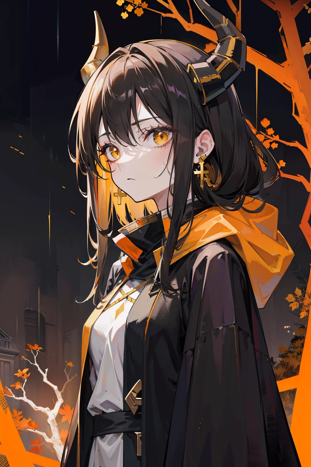 Tall and mature anime girl, messy long black-brown hair, good anatomy, horns on her head, yellow eyes, halloween themed, halloween, runic symbols on her face, wearing a dirty ancient robe with gold design , disheveled appearance, standing in the rain, holding a tome, dark environment, standing infront of a church on a dark rainy day, withered trees and plants around, solemn expression, golden cross earrings, detailed background, high resolution