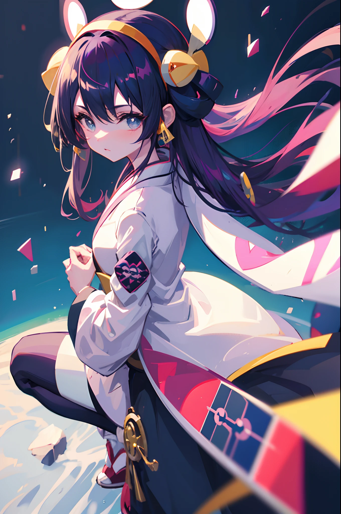 solo, anime girl with long dark purple hair, wearing a kimono jacket, ((pokemon trainer)), (pokemon girl), blue eyes, furisode
