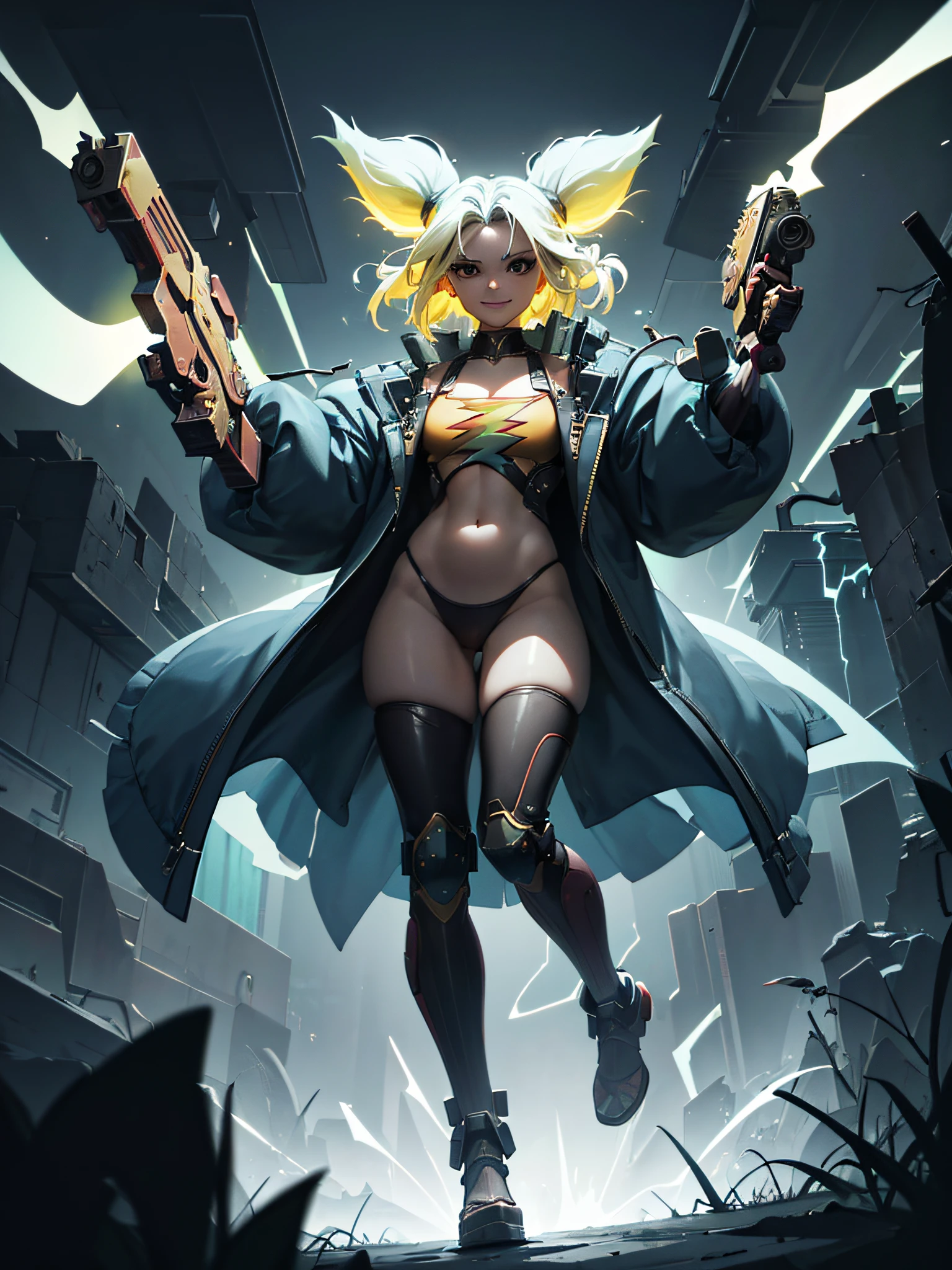 Zeri with black eyes and evil smile, blond hair, lightning particles in her hands, (((holding only a ZAP pistol))), Large matte blue jacket with threads on the front, belly showing, knee pad on the right side, cleavage, breasts small round, full body, big ass, thick thighs, {extremely detailed 16k CG unit wallpaper}, expansive landscape photography, (a low view with focus on the character and setting), (wide open field view ), (low angle shot), (high light: 1.2), (low light: 1.4), (warm light source: 1.2), complex details, (iridescent colors: 1.0), (bright lighting), (atmospheric lighting ), dreamy, aesthetic, perfect art draws