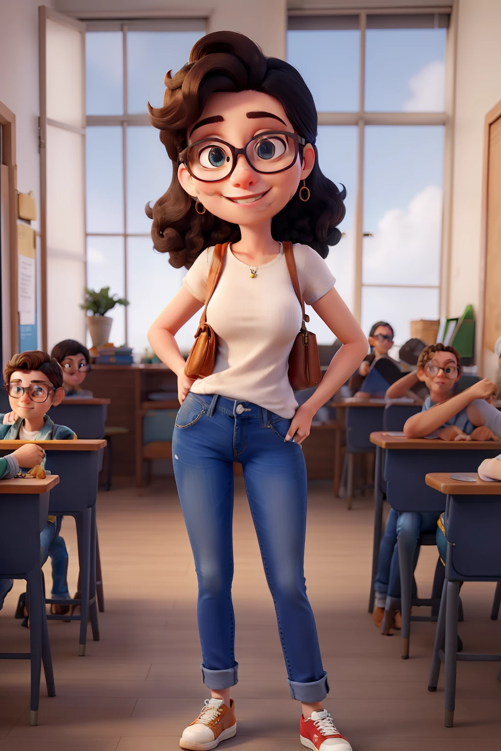 Obra-prima, de melhor qualidade, teacher wearing glasses, olhos castanhos, cabelo castanho liso longo, blusa longa, Denim Jeans Pants
