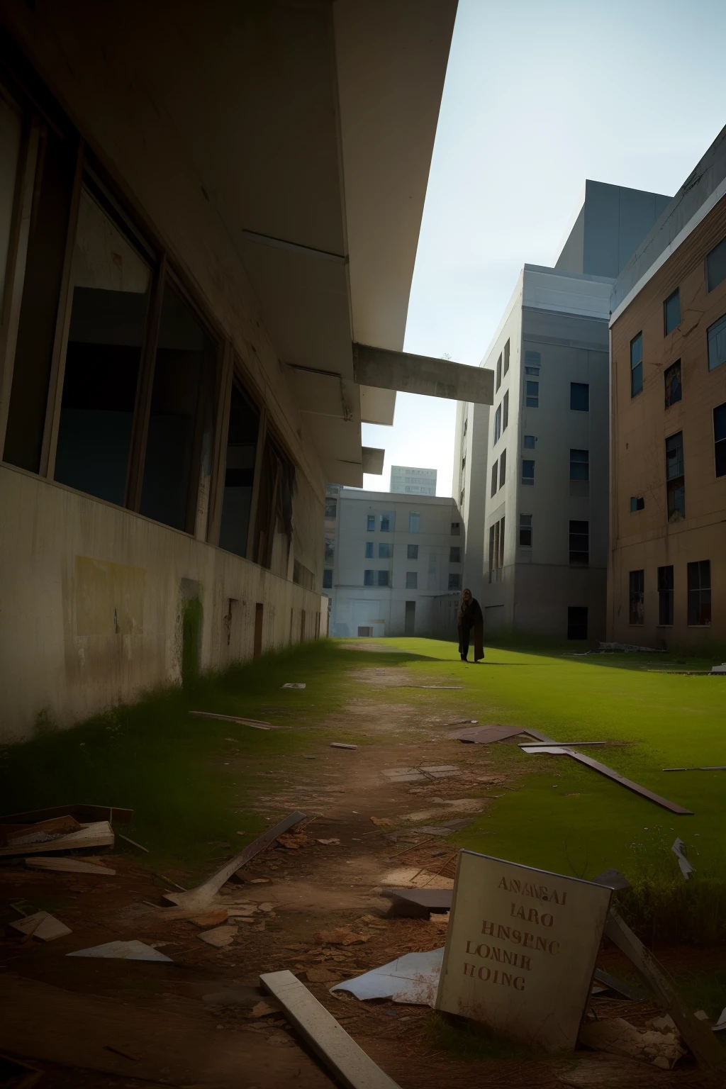 Abandoned hospital with white woman hidden in the background