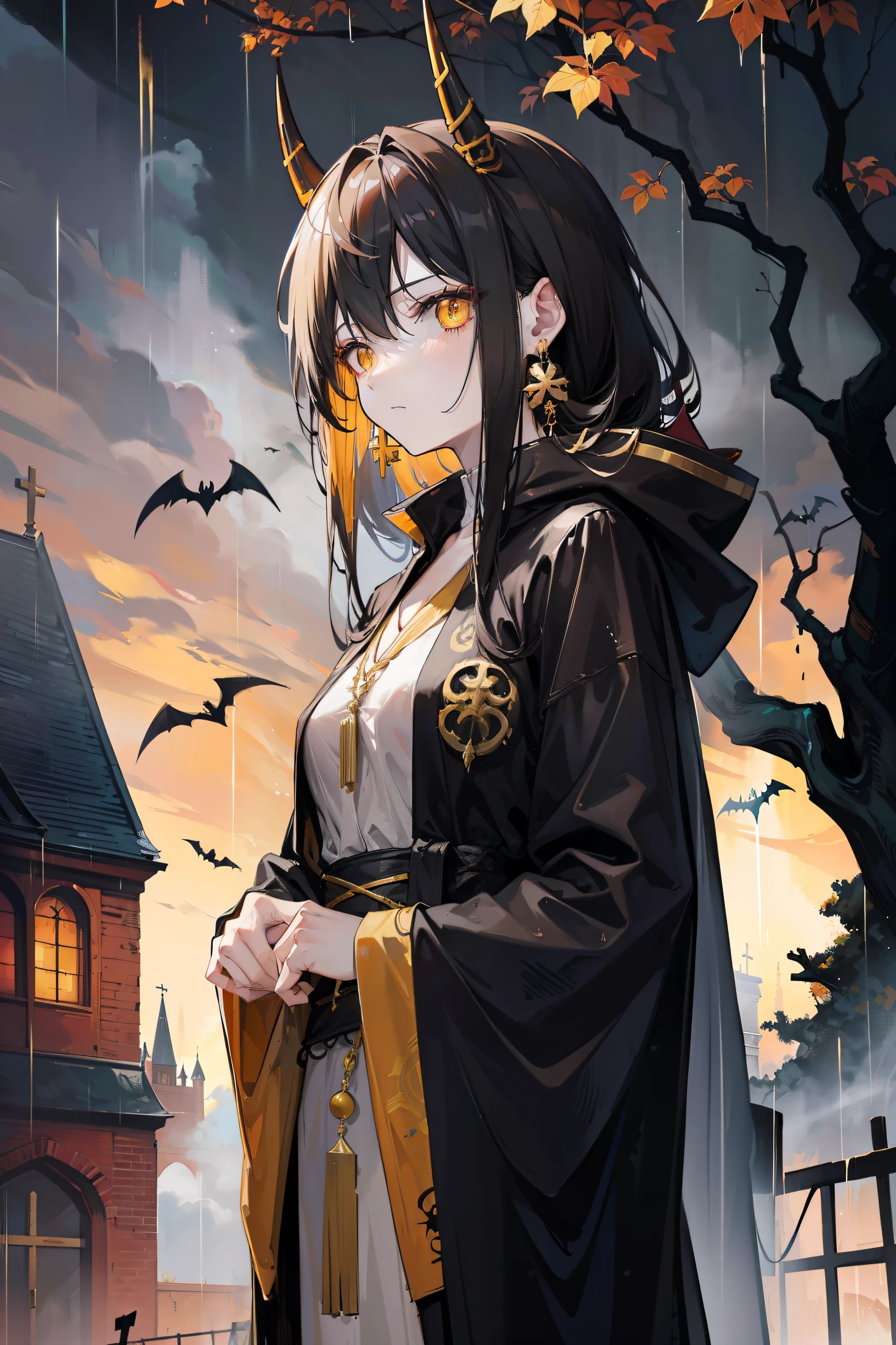 Tall and mature anime girl, messy long black-brown hair, good anatomy, horns on her head, yellow eyes, halloween themed, halloween, runic symbols on her face, wearing a dirty ancient robe with gold design , disheveled appearance, standing in the rain, holding a tome, dark environment, standing infront of a church on a dark rainy day, withered trees and plants around, solemn expression, golden cross earrings, detailed background, high resolution