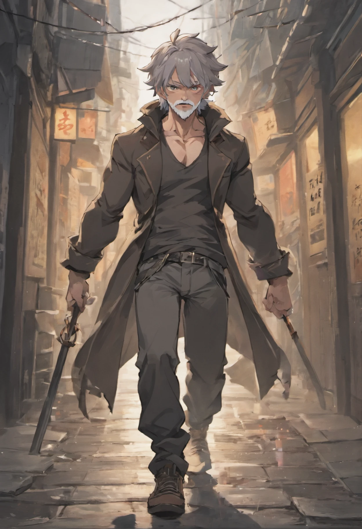 A strong very short gnome in dirty handmade sleeveless trenchcoat and a wide brimmed hat, shirtless bandages around his abdomin, ripped clothes, walking on the streets ancient kingdom at night, tattered black pants, holding a bo-staff made of wood thats taller then him, he is obviously a street thug looking for a fight, his hair was gray, he had a short beard, gray hair, thick big muscles, muscles, he his bearing his teeth in a aggressive manner, Ultra high resolution, ray tracing, volumetric light and shadow, super high resolution, rich background, episodic, action scene, anime style, stereotypical high school thug look,