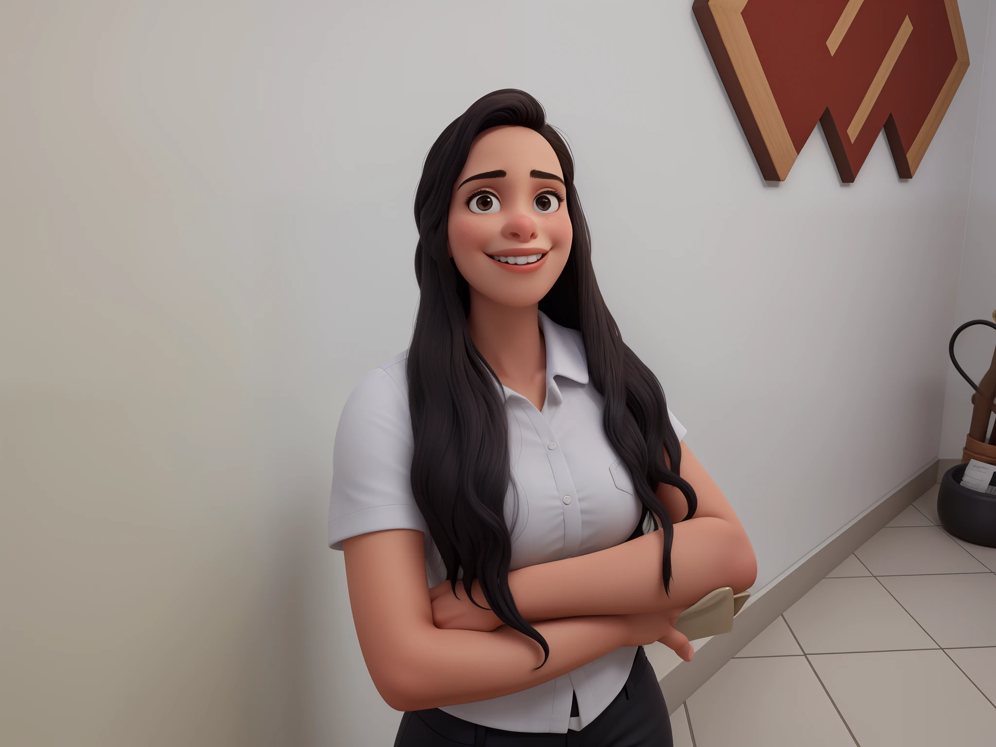 Mulher, cabelo comprido preto, olhos castanhos, sorrindo