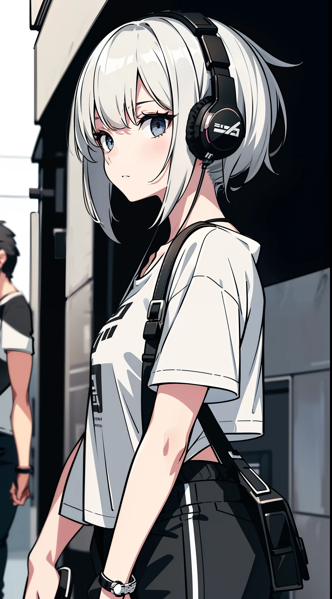girl, side portrait, grey and white, messy short hair, edgy accessories,sporty style, casual t-shirt, confident gaze, monochrome color scheme, looking to the side, chic street fashion, casual hands in pockets pose,head,((a person)),Over-ear headphones, large ear cups,Luxurious long hair