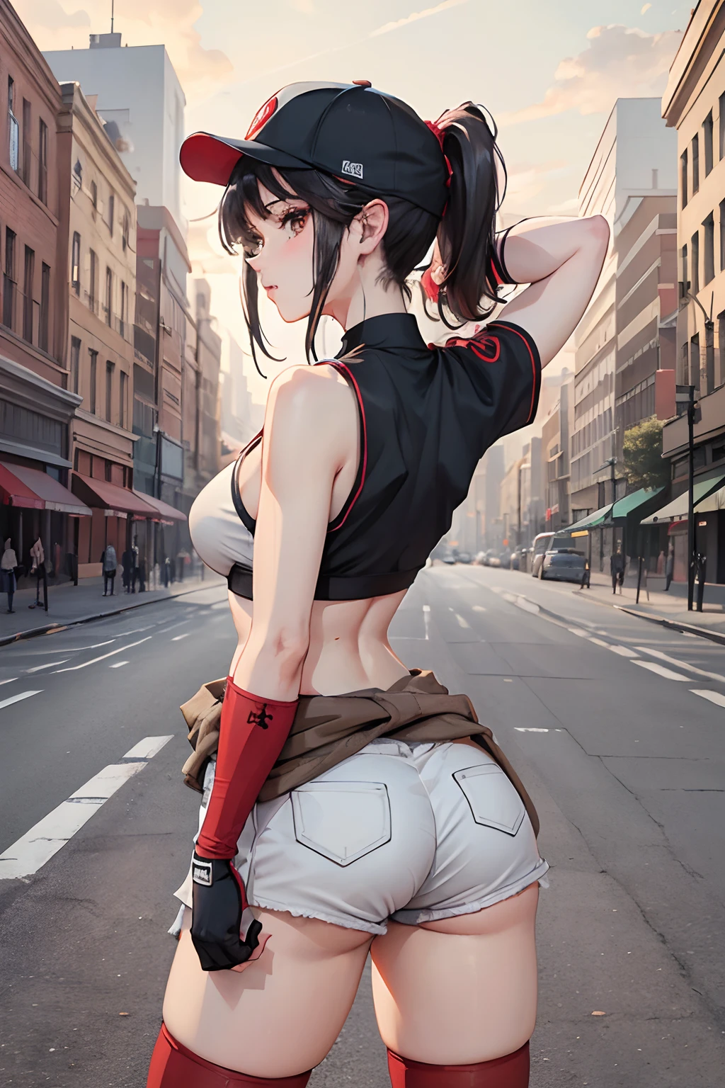 masterpiece, best quality, pdsivir, baseball cap, ponytail, white crop top, elbow gloves, short shorts, clothes around waist, large breasts, red thighhighs, from behind, looking at viewer, arms behind head, street, road, city