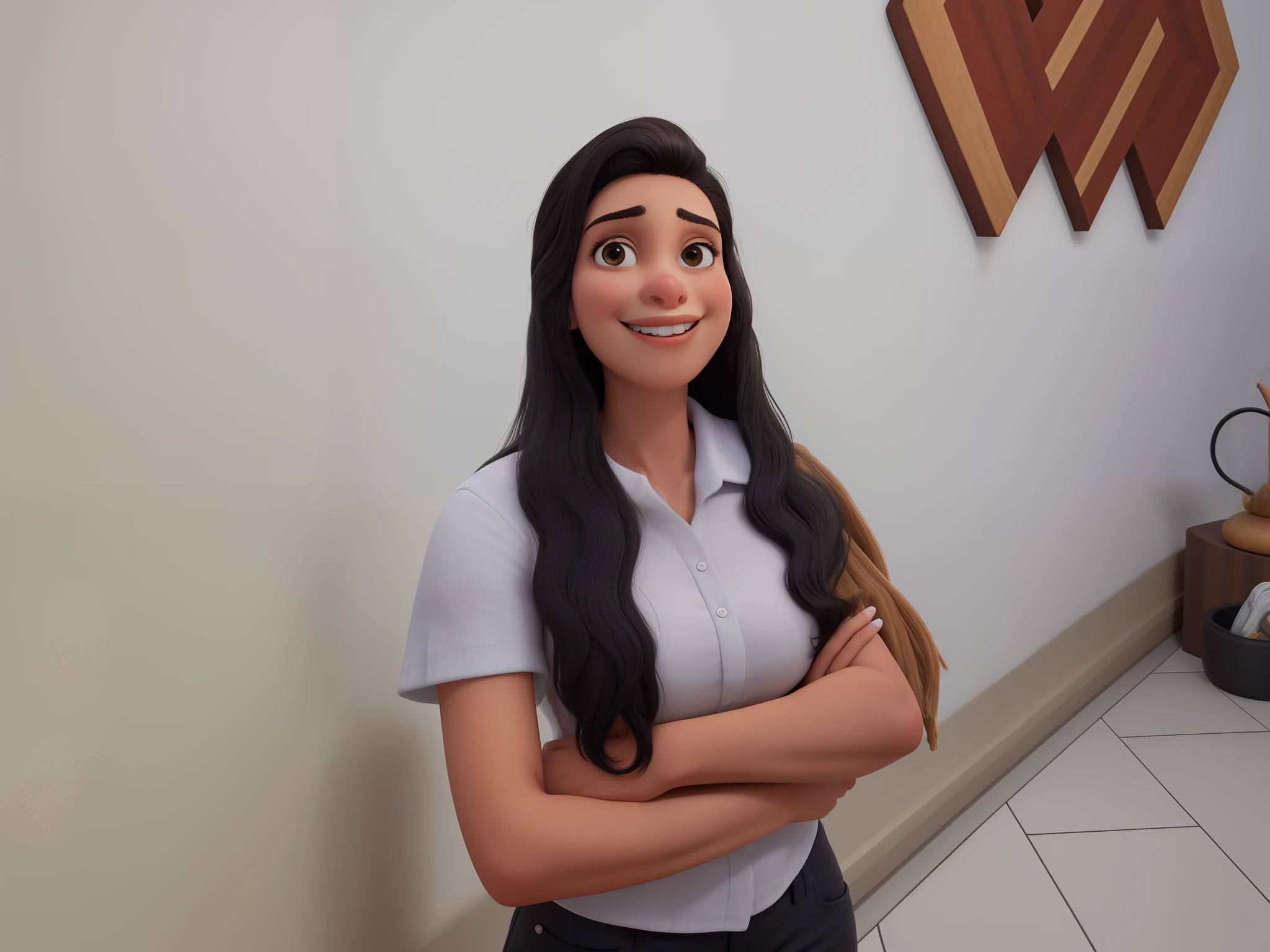 Mulher, cabelo comprido preto, olhos castanhos, sorrindo