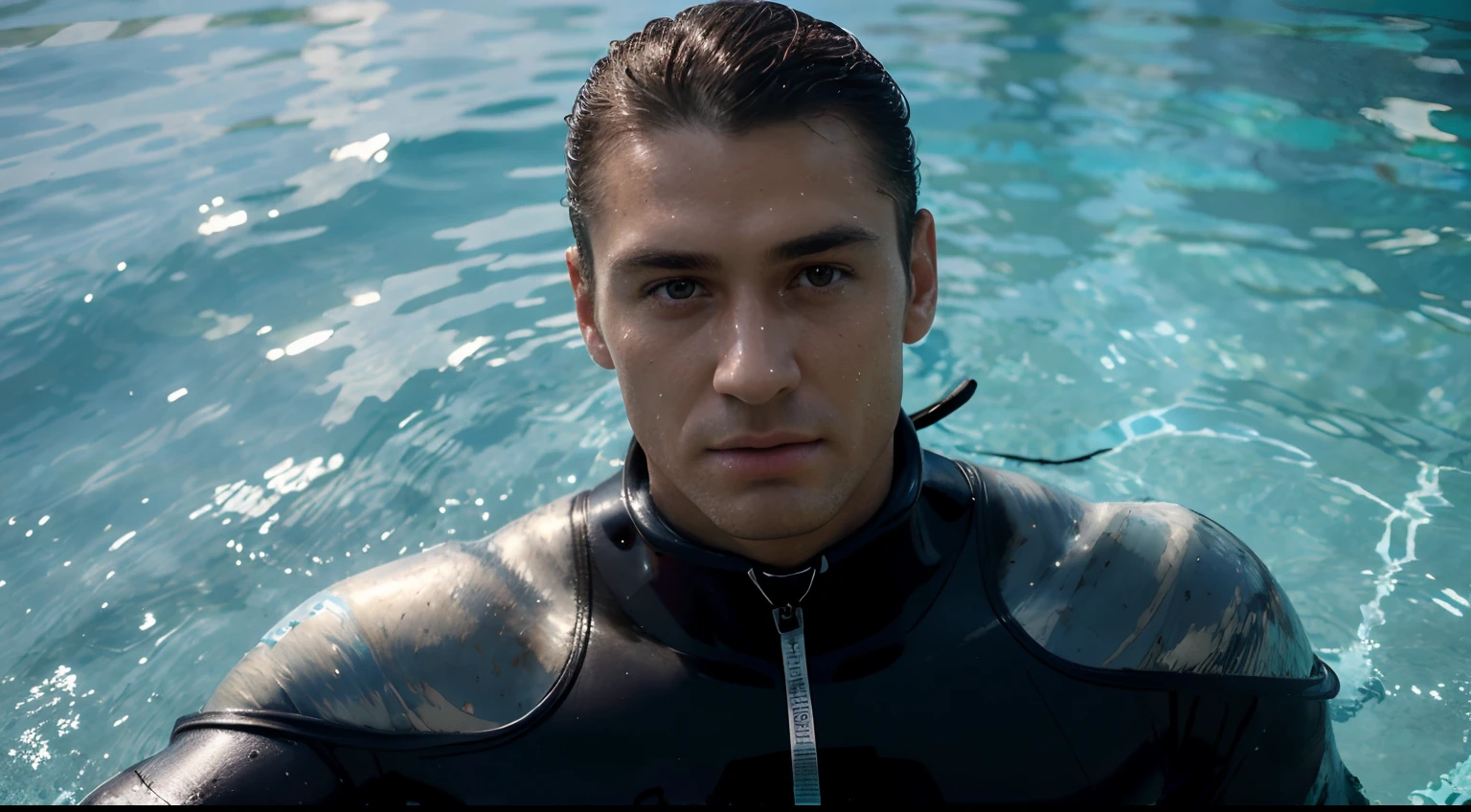 (Masterpiece, Best Quality, Ultra-detailed, best shade), (beautifull detailed face:1.3),(only), (family_friendly:0.8),High contrast, The ultra-Highres, s whole body, diving suit,Refraction of light from above,glittering_buff, swimming pool, image, movie shot, Shooting equipment, Man in wetsuit, Man holding camera, Movie Sets,