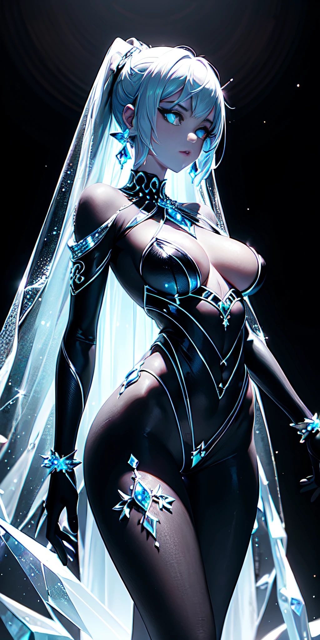 Upper body, Crystal-encrusted girl, Takes sexy poses,The skin is made of transparent crystal, ((lens)), The structure is made of crystals, Hourglass body, slim body, sexy, (full bottom black), bioluminescent tattoos, cinematic lighting, intricate details, Masterpiece, Best quality.
