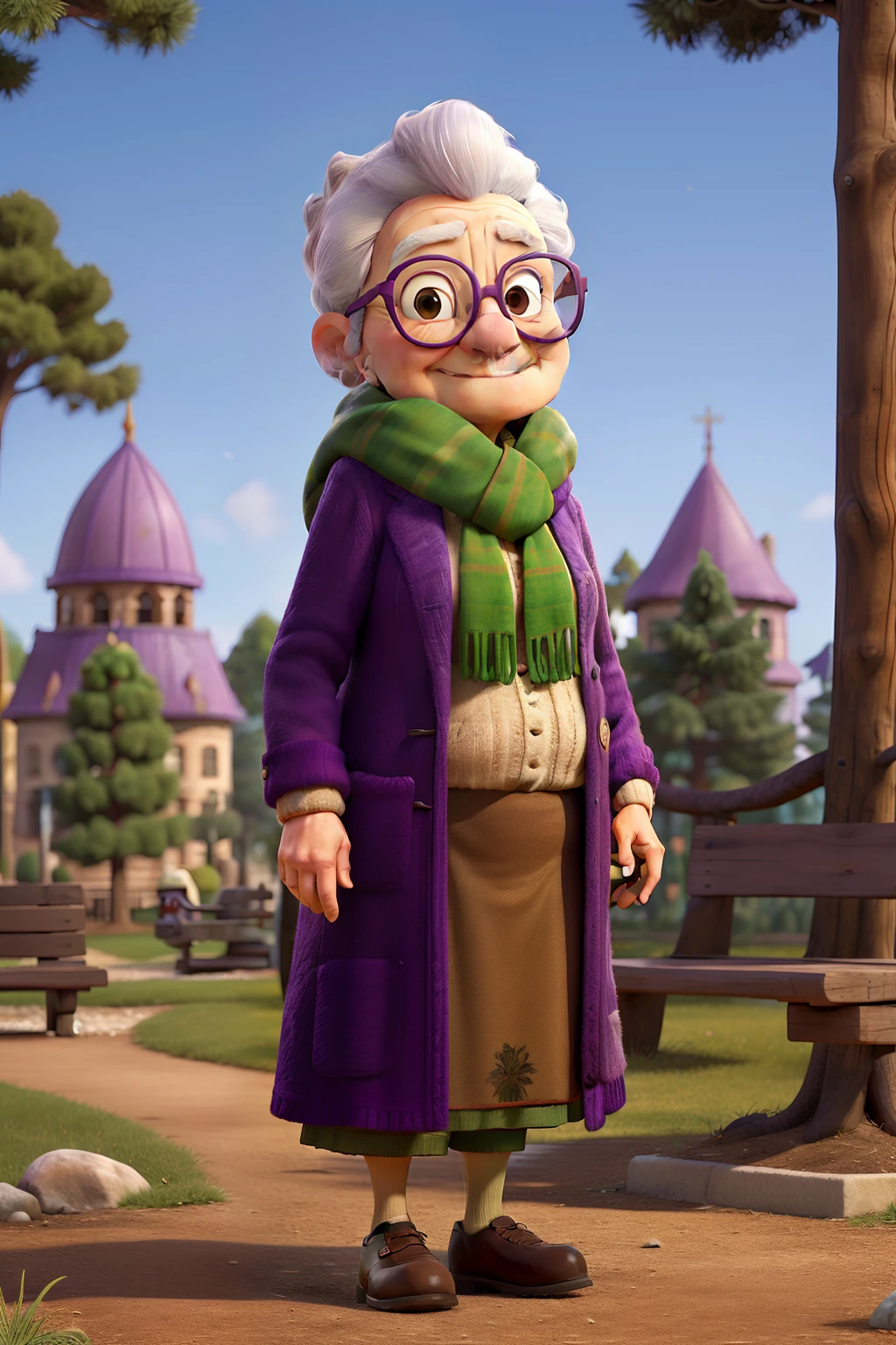 masterpiece, best quality, an old woman with glasses and a scarf on, wearing a purple coat and green scarf, standing at the park