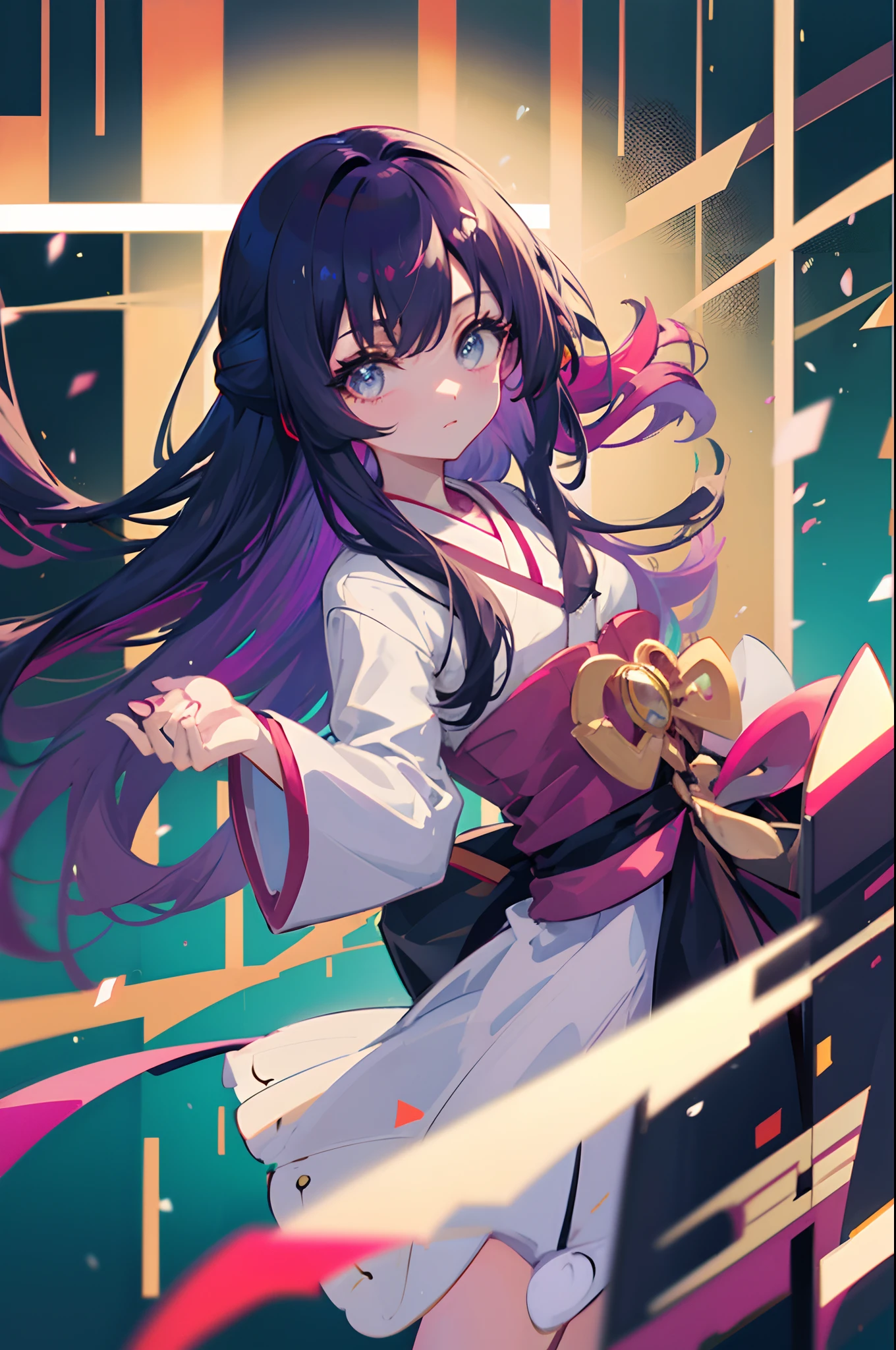 solo, anime girl with long dark purple hair, wearing a kimono jacket, ((pokemon trainer)), (pokemon girl), blue eyes, furisode, ((hands behind back)), UHD, 4k, ((high quality)), (extremely detailed)