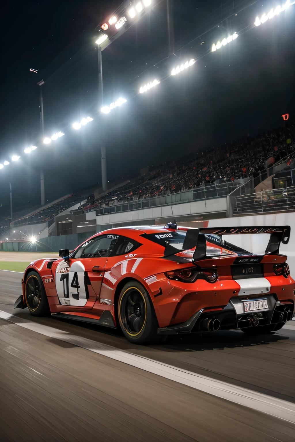 a speeding sports car on the track, (best quality,high-res,ultra-detailed), vibrant colors, dynamic lighting, realistic motion blur, glossy finish, sleek design, professional photography, cinematic composition, adrenaline rush, powerful engine sound, fast acceleration, precision handling, race track in the background, intense competition, thrilling atmosphere, spectators cheering, excitement and energy, aerodynamic performance, tire smoke, racing stripes, roaring exhaust, sharp turns, high-speed action, driver-focused cockpit, racing helmet, racing gloves, victory celebration