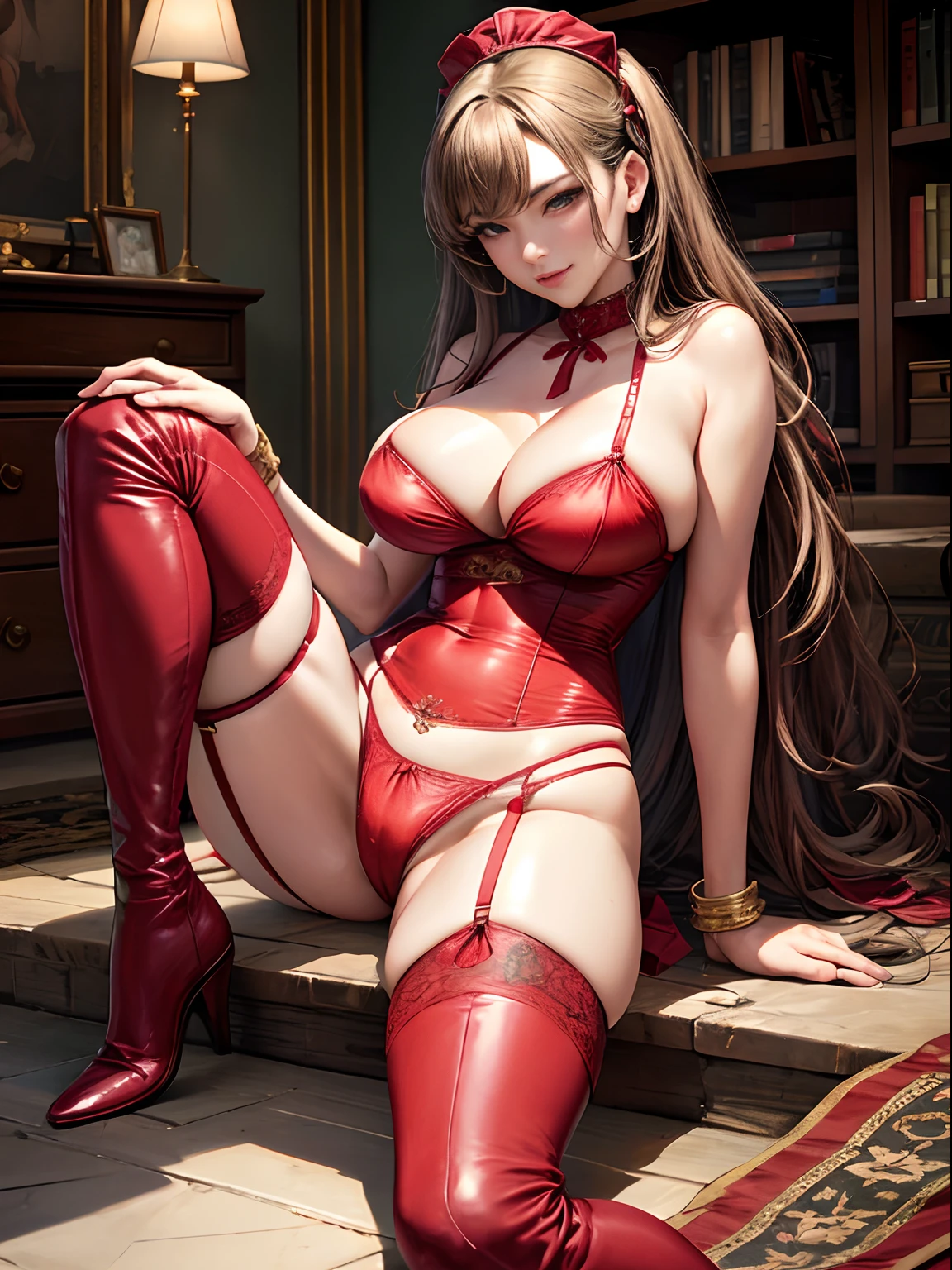 top-quality、​masterpiece、超A high resolution、(Photorealsitic:1.4)、Raw photo、woman 1、A beautiful woman who looks good in long boots、Gentle face、beautidful eyes、intricate face details、(Detailed Red Garter Belt Garter Panty Garter Stockings)、long boots、thick body、large full breasts、cleavage of the breast、big breasts thin waist、big butts、thick thight、Looking at the camera、smil、sexy  pose、Highly detailed、tre anatomically correct、The theme is red、in NSFW