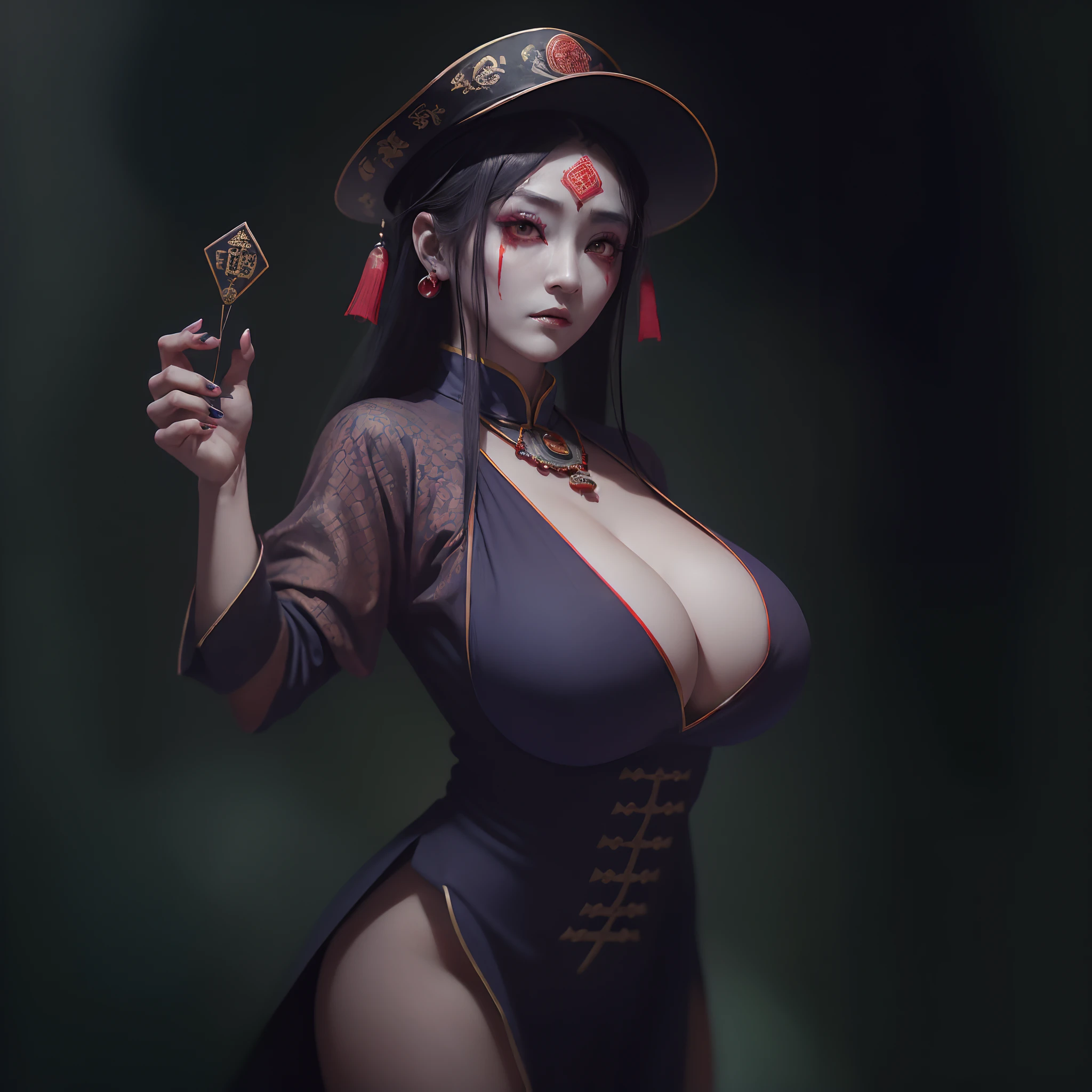 (masterpiece:1.2, Best Quality:1.2, 32K, High resolution), (Ultra-realistic portrait of Jiangshi:1.5, Chinese Zombies:1.5, 1girl in, cool face, beautiful face, sexy face, Jiangshi hat:1.35, Jiangshi Dress, Jiangshi Costume, huangfu paper on hat:1.5, Amulet paper on the hat:1.5, Amulet sticker on hat:1.5), (gigantic cleavage:1.35, Colossal tits:1.35, Huge boobs:1.35, Huge breasts:1.35, blood Red Eyes:1.2), (Detailed skin texture), (standing straight, In an abandoned hut:1.5, In China), (horror atmosphere:1.2, Dark atmosphere:1.2)