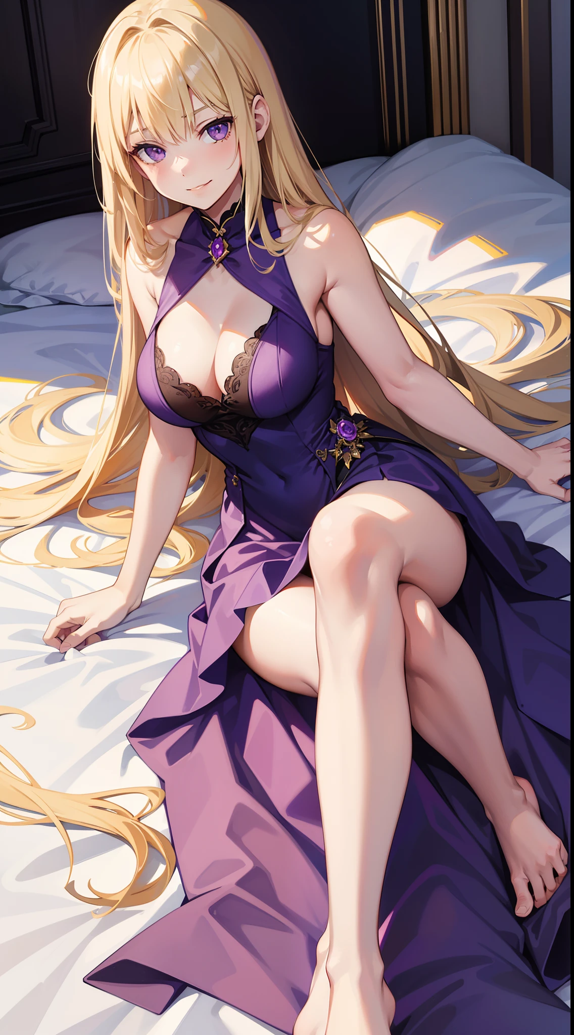 young girl, longue blonde hair, violet eyes, princess dress, Sleeveless, open breasts, smirk, exposed legs, Masterpiece, hiquality, 4k, HD, Good detail