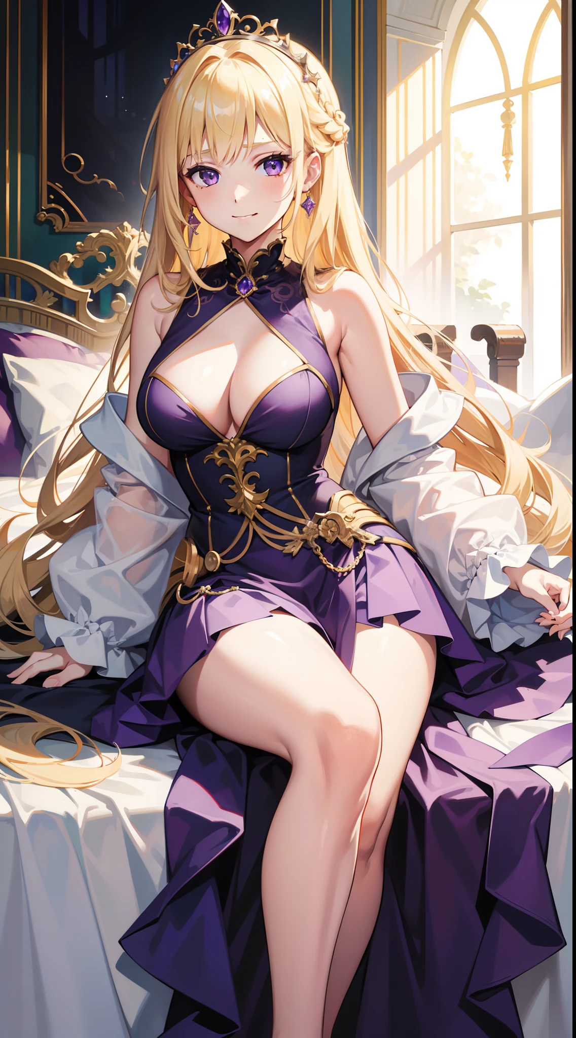 young girl, longue blonde hair, violet eyes, princess dress, Sleeveless, open breasts, smirk, exposed legs, Masterpiece, hiquality, 4k, HD, Good detail