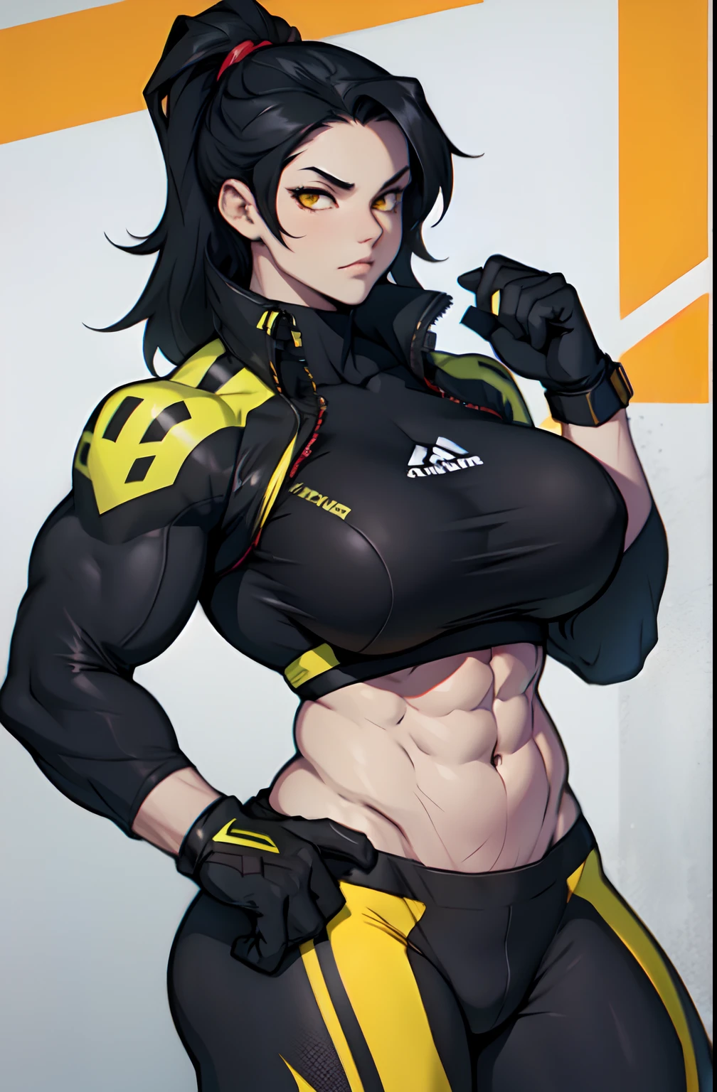 muscular girl black hair yellow eyes huge tits abs pale skin