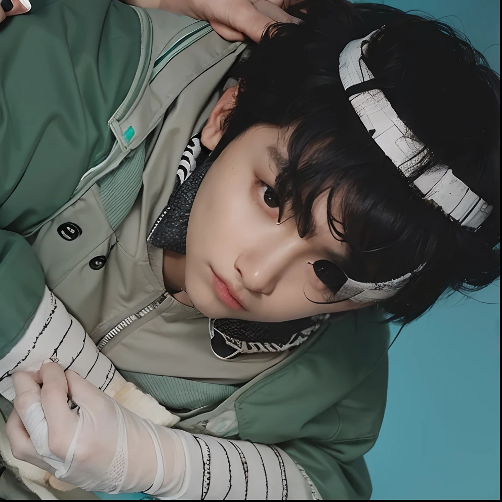 A boy with realistic black hair, realistic Korean handsome face, realistic cool expression, adapts the exact same clothes, wears a realistic Konoha jonin jacket, realistic bandaged hands,Realistic light, realistic shadows, realistic background