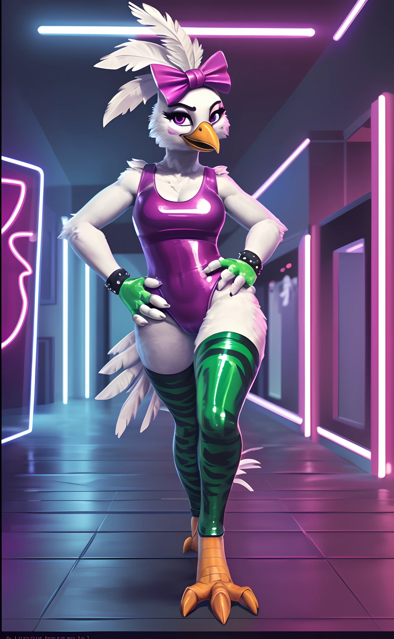 [glamrockchica], [FNAF:_Security_Breach], [Uploaded to e621.net; (Foxovh), (Pixelsketcher), (mayosplash], ((masterpiece)), ((HD)), ((solo portrait)), ((front view)), ((furry; anthro chicken girl)), ((detailed feathers)), ((detailed shading)), ((beautiful render art)), {anthro chicken; white feathers, (white feather tail), (orange talon feet), (yellow beak), purple eyes, black pupils, (tied-up hair with pink bow), small boobs, (beautiful legs), (camel toe), (excited smile), (mouth open)}, {(pink latex leotard), (cleavage), (green fingerless gloves), (green latex tiger-striped bracers), (green legwear), (two different color legwear on each leg)}, {(walking), (hands on hips), (looking at viewer)}, [background; (dance studio), (bright neon lights)]