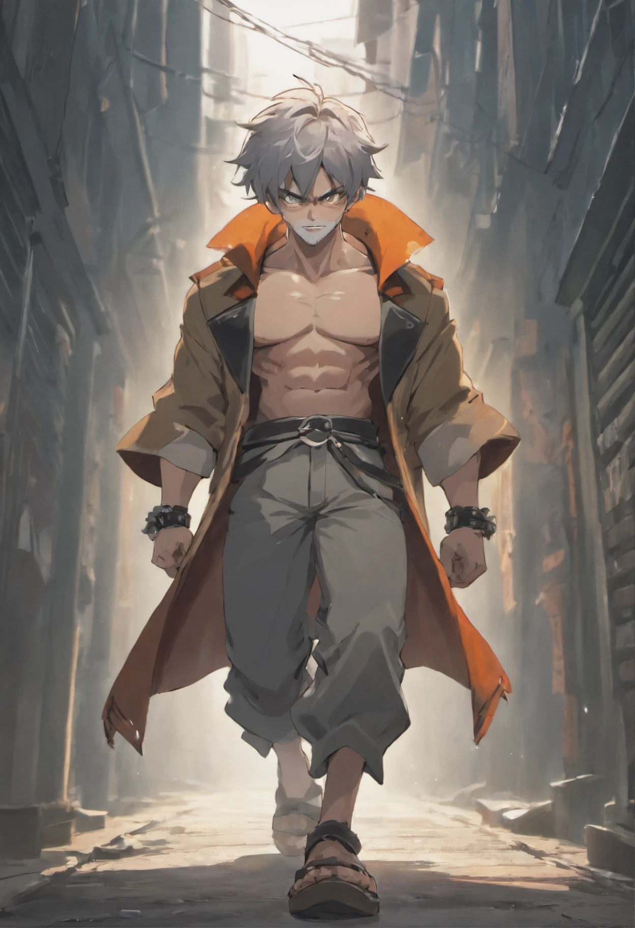 A strong very short gnome in dirty handmade sleeveless trenchcoat and a scarecrows hat, shirtless bandages around his abdomin, ripped clothes, walking on the streets ancient kingdom at night, tattered black pants, holding a bo-staff made of wood thats taller then him, he is obviously a street thug looking for a fight, his hair was gray, he had a short beard, gray hair, thick big muscles, muscles, he his bearing his teeth in a aggressive manner, Ultra high resolution, ray tracing, volumetric light and shadow, super high resolution, rich background, episodic, action scene, anime style, stereotypical high school thug look,