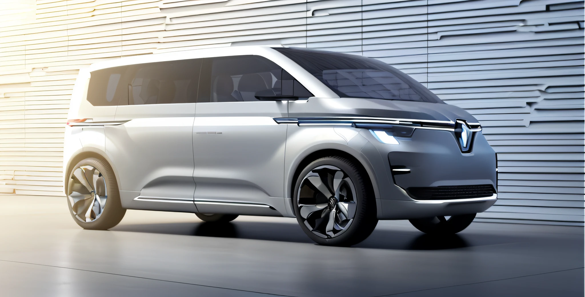a close up of a silver van parked in a studio, glass and metal : : peugot onyx, van, trending on vehicle design, wide angle exterior 2022, renault, vehicle concept photo!!, vehicle design, trending on interfacelift, caravagio, hydrogen fuel cell vehicle, vehicle, vehicle profile, transportation design render, snake van, tgv, hd digital render, v-ray 8k uhd, official product image, rendering of checkmate, sleek streamlined design, concept image, concept automobile design, award-winning render, new vehicle, cgi render, renault ultimo, aerodynamic design, discovery one, niea 7, viktor antonov concept art, concept ard, digital conceptl art --ar 16:9 --v 5.2