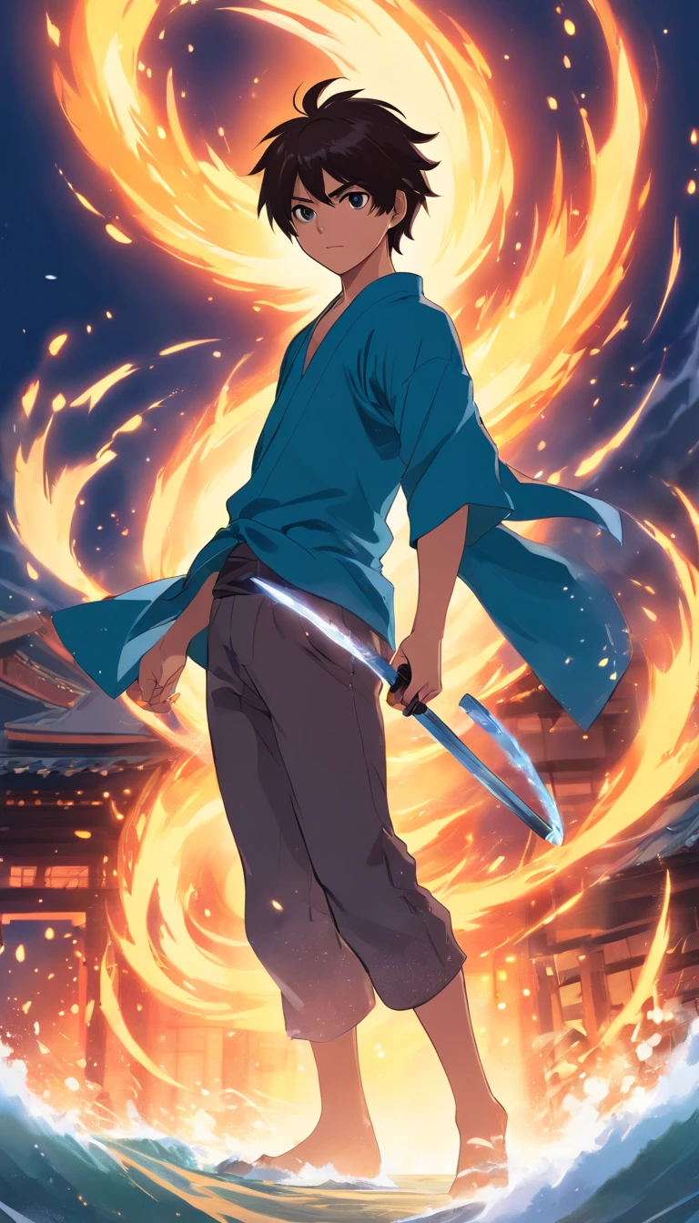 Hiro's Elemental Training: Show Hiro intensely training, wielding his katana amidst swirling elements of fire, water, and wind, depicting his deep connection with each element.