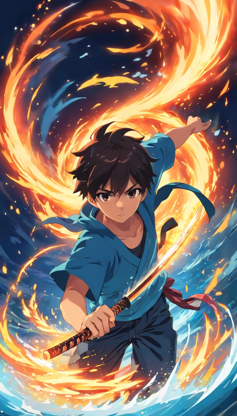 Hiro's Elemental Training: Show Hiro intensely training, wielding his katana amidst swirling elements of fire, water, and wind, depicting his deep connection with each element.