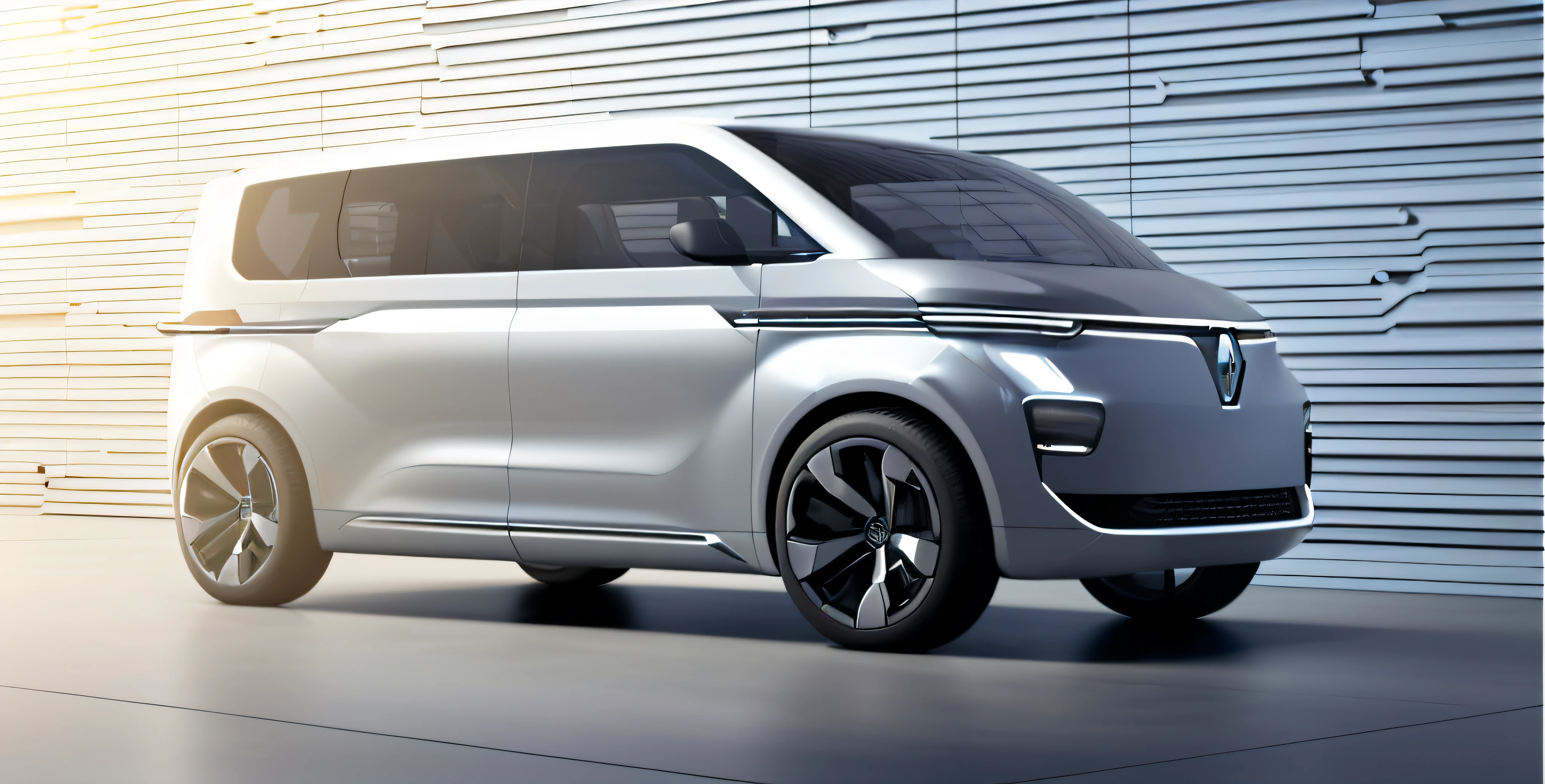 a close up of a silver van parked in a studio, glass and metal : : peugot onyx, van, trending on vehicle design, wide angle exterior 2022, renault, vehicle concept photo!!, vehicle design, trending on interfacelift, caravagio, hydrogen fuel cell vehicle, vehicle, vehicle profile, transportation design render, snake van, tgv, hd digital render, v-ray 8k uhd, official product image, rendering of checkmate, sleek streamlined design, concept image, concept automobile design, award-winning render, new vehicle, cgi render, renault ultimo, aerodynamic design, discovery one, niea 7, viktor antonov concept art, concept ard, digital conceptl art --ar 16:9 --v 5.2