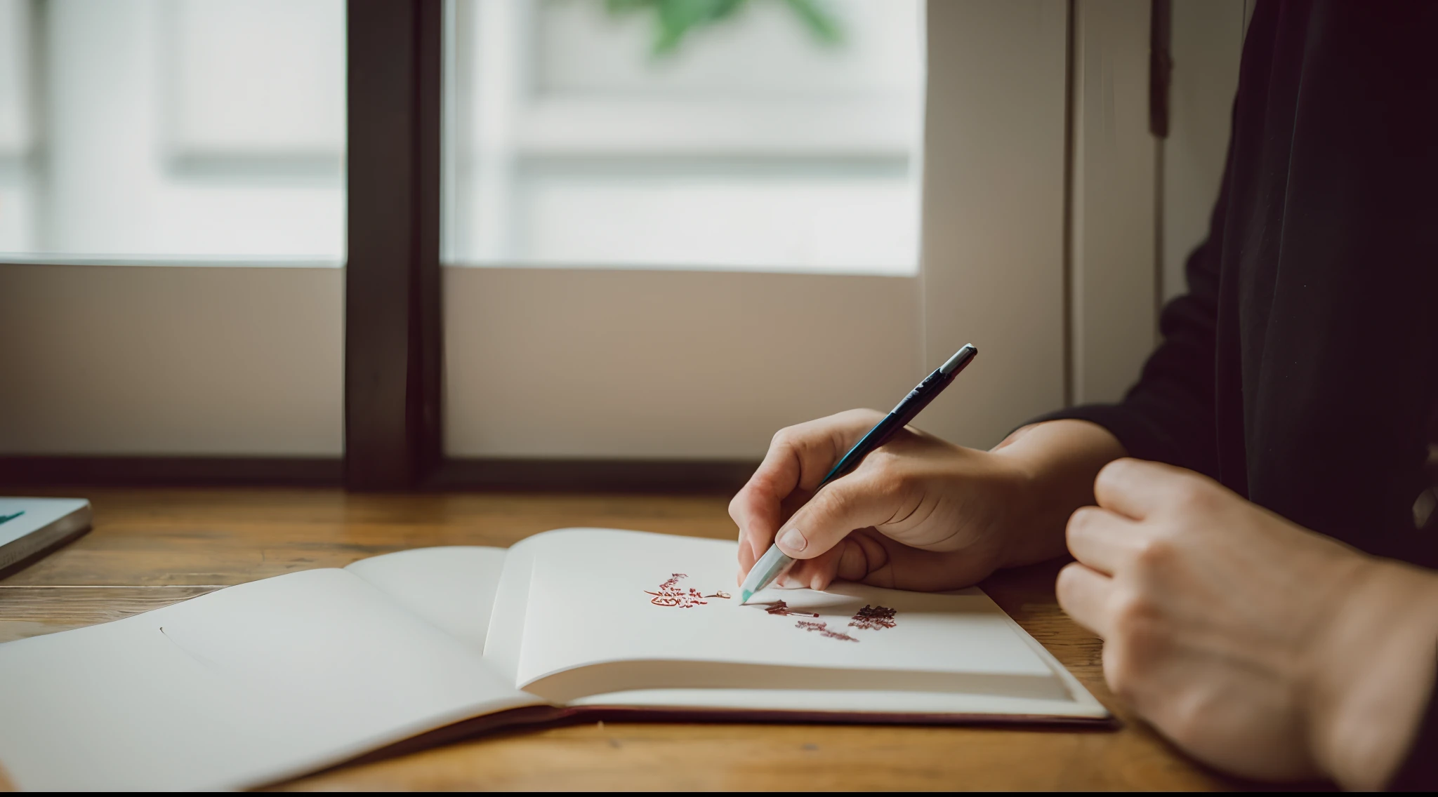 Wood grain desk、Human Hands、I'm writing a postcard、You can't see the face、From diagonally behind、white walls、