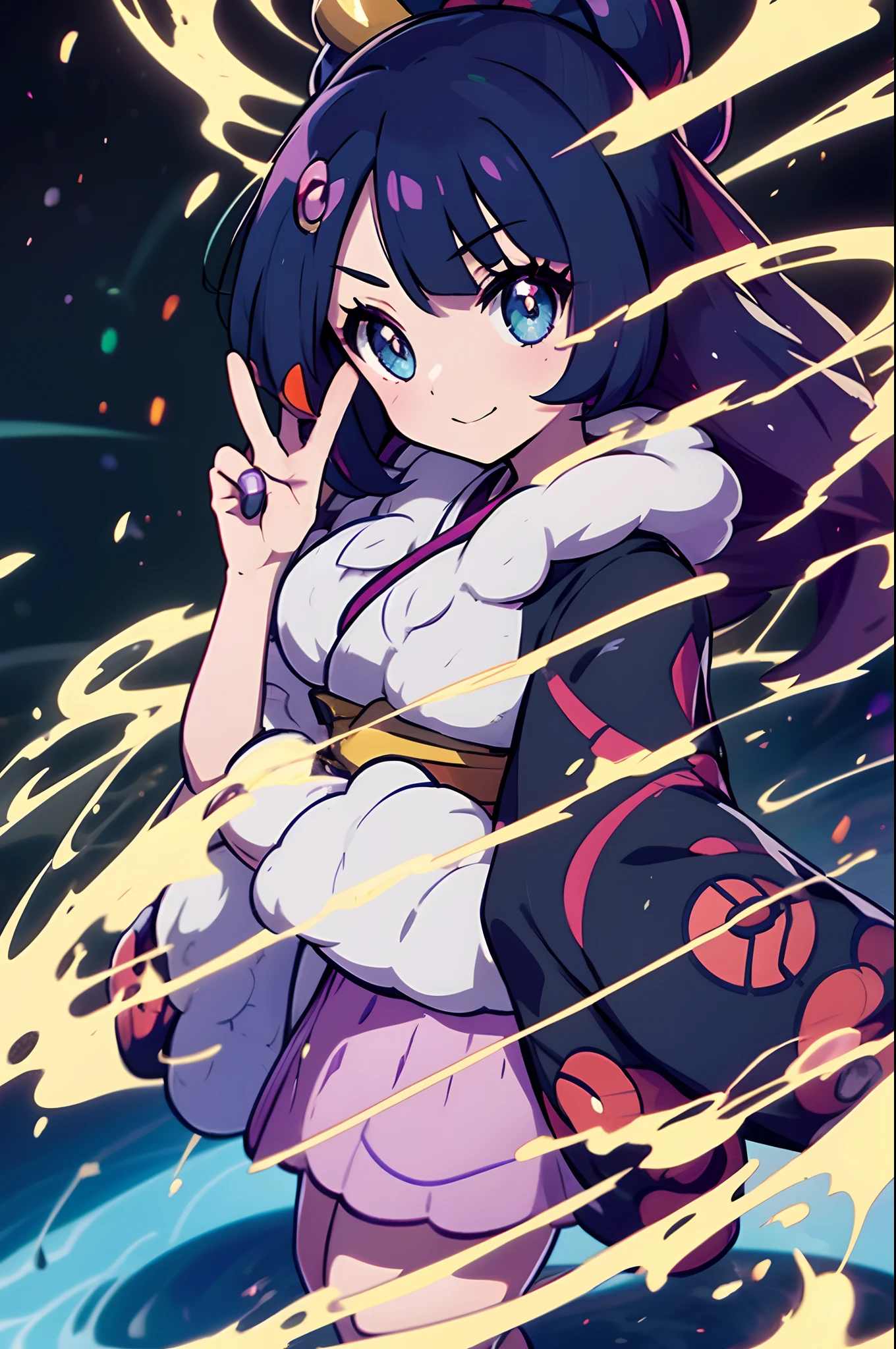 solo, anime girl with long dark purple hair, wearing a kimono jacket, ((pokemon trainer)), (pokemon girl), blue eyes, furisode, ((hands behind back)), UHD, 4k, ((high quality)), (extremely detailed)