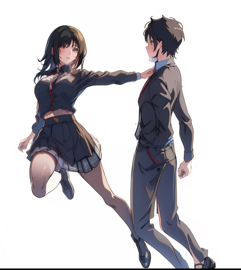 Black Haired Girl in Gridded Miniskirt, camisa negra, agarrando del cuello a un chico de traje elegante,