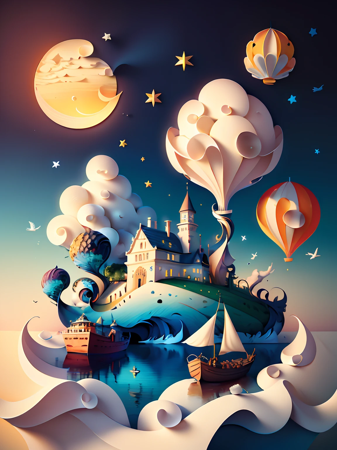 (((masterpiece))),best quality, illustration, sky, cloud, digital patterned clouds, water, star \(symbol\), tree, no humans, night, bird, moon, building, star \(sky\), night sky, scenery, starry sky, watercraft, castle, ship, swirling, whirling, spiral, braids, twirl, bioluminescent, waves, tower, boat. vibrant color scheme, Soft light,(warm color:1.2),Water color painting, light background, best quality exquisite details,3d rendering,Octane render, pastel, paper_cut, fluffy puffy white clouds,