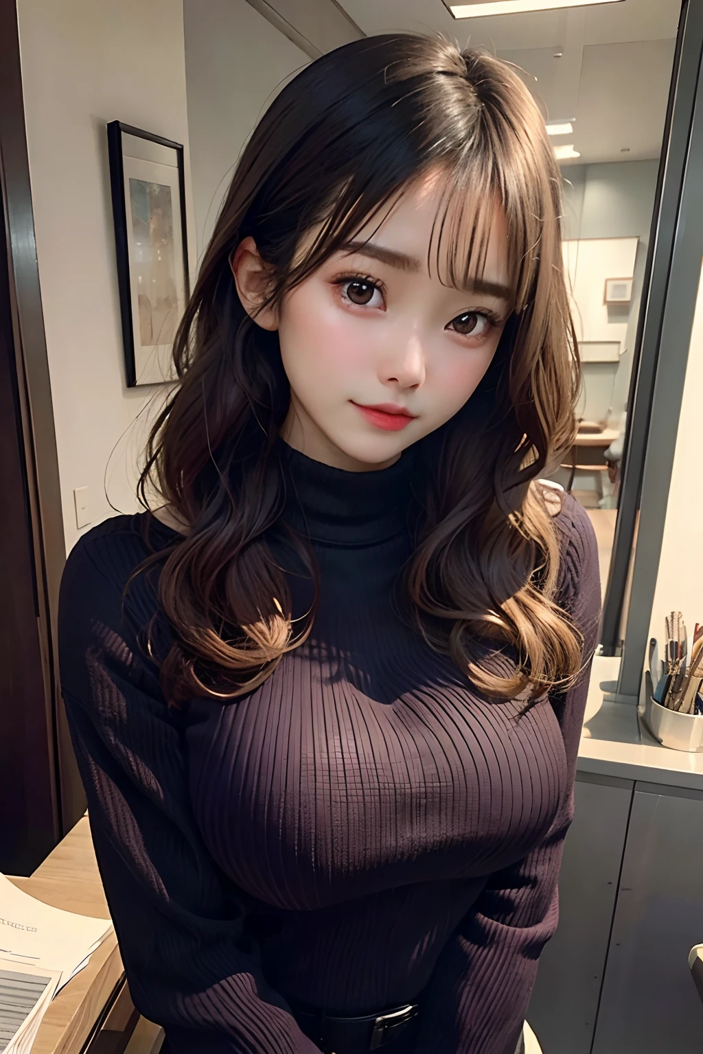 Two beautiful women、huge tit、Height 145 cm、20yr old、Wearing knitwear with a visible cleavage