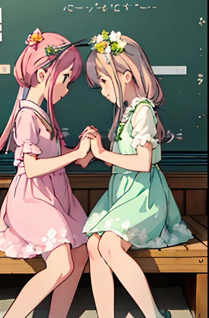 Two young and cute Japan women facing each other、Holding hands with their foreheads pressed together。The child on the right is only slightly smaller　Wearing a fluffy dress　　The girl on the left is wearing a light pink dress　The girl on the right is wearing a light green dress　It comes with a floral ribbon headdress.、It is a soft and delicate illustration in pastel colors。