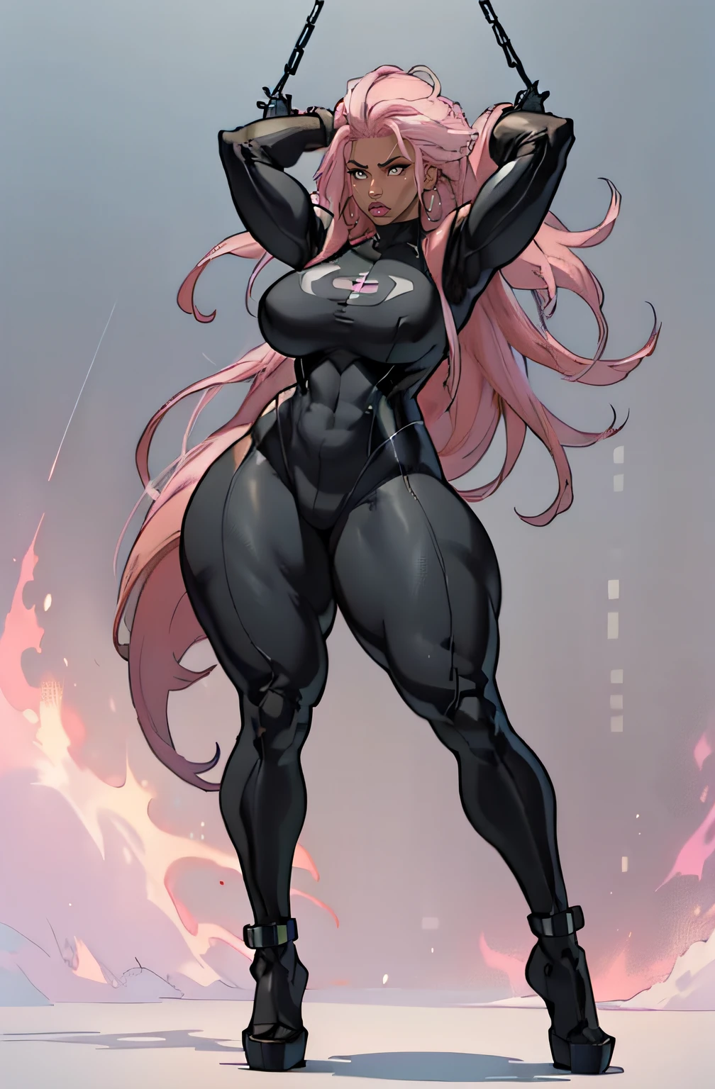 grey background, solo, 1 girl, bodysuit, very long hair, pink hair, angry, brown eyes, earrings ((hanging breasts: 1.6)), ((thick thighs)), (full body), dark skin, storm from x-men