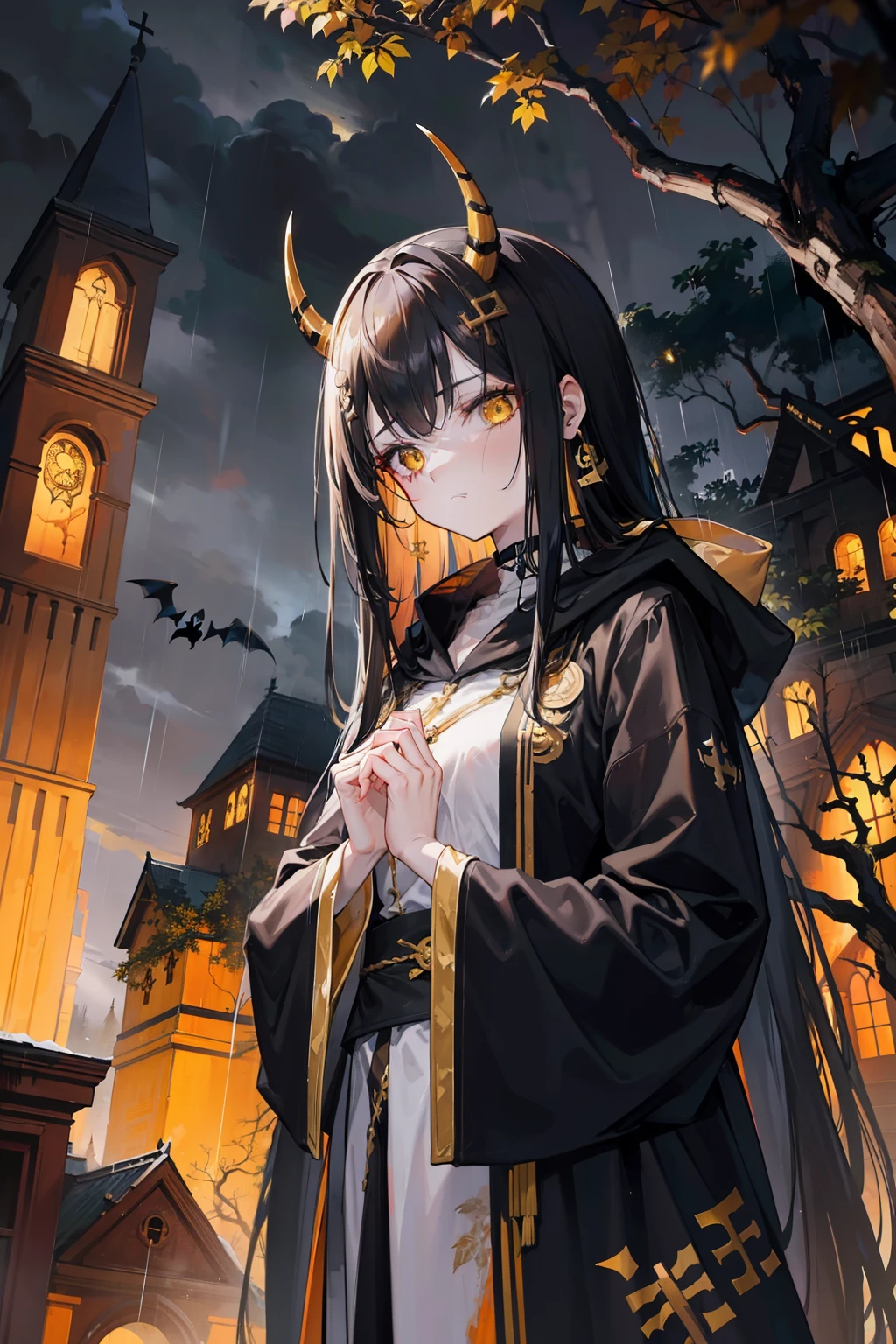 Tall and mature anime girl, messy long black-brown hair, good anatomy, horns on her head, detailed beautiful yellow eyes, halloween themed, halloween, runic symbols on her face, wearing a dirty ancient robe with gold design , disheveled appearance, standing in the rain, hands touching each other, dark environment, standing infront of a church on a dark rainy day, withered trees and plants around, solemn expression, golden cross earrings, detailed background, high resolution