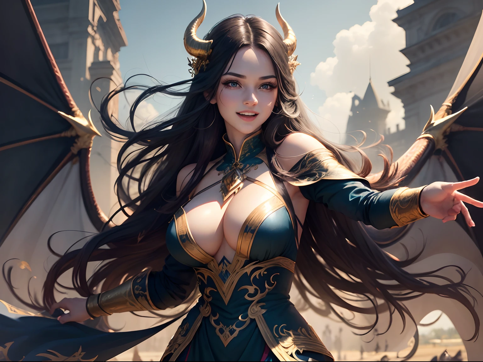 (best quality,4k,8k,highres,masterpiece:1.2),ultra-detailed,realistic,BREAK Lotan beautiful caucasian woman with straight long black hair,(blue eyes),attractive appearance,detailed face,detailed lips and eyes,dragon horns on the head,dragon wings,expressive face,voluptuous,BREAK green and black dress,golden jewelry,BREAK standing proudly,dynamic pose,triumphant expression,happy expression conveying a sense of victory and achievement,standing in a battlefield,soft sunlight illuminating the scene,beautiful dress flowing in the breeze,subtle wind movement on the hair and clothing,shadow of a dragon head projects behind the girl,thin flowing smoke around the girl,soft and natural lighting emphasizing her features,subtle shadows adding depth and dimension to the image,photorealistic rendering,subtle bokeh effect in the background,wings wide open,beautiful smile,joyful laughter,radiant happiness,vibrant energy,cheerful expression,contagious joy,glowing with delight,genuine laughter